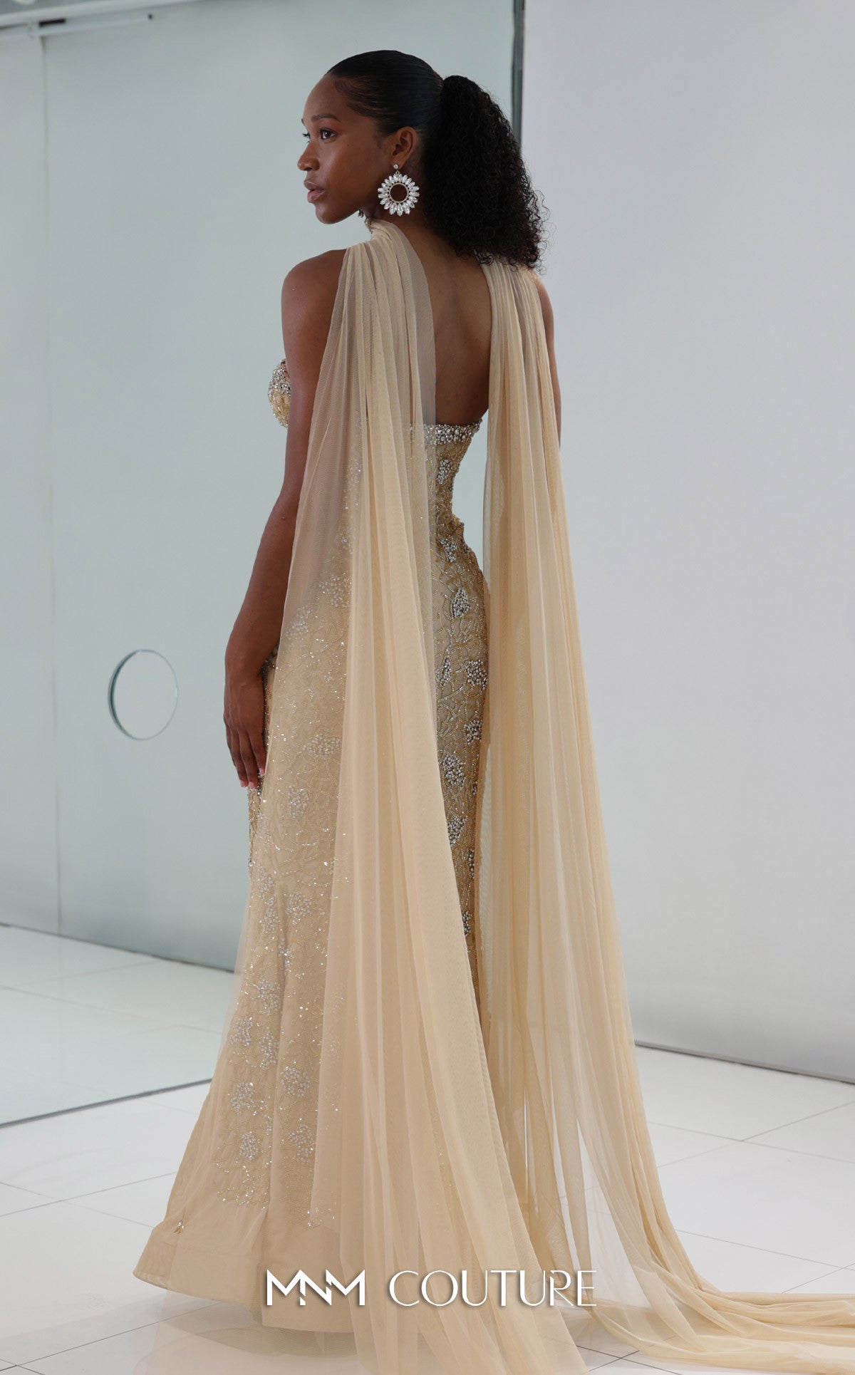 MNM Couture M1188 Gold Strapless Embroidered Mermaid Gown with Sheer Cape