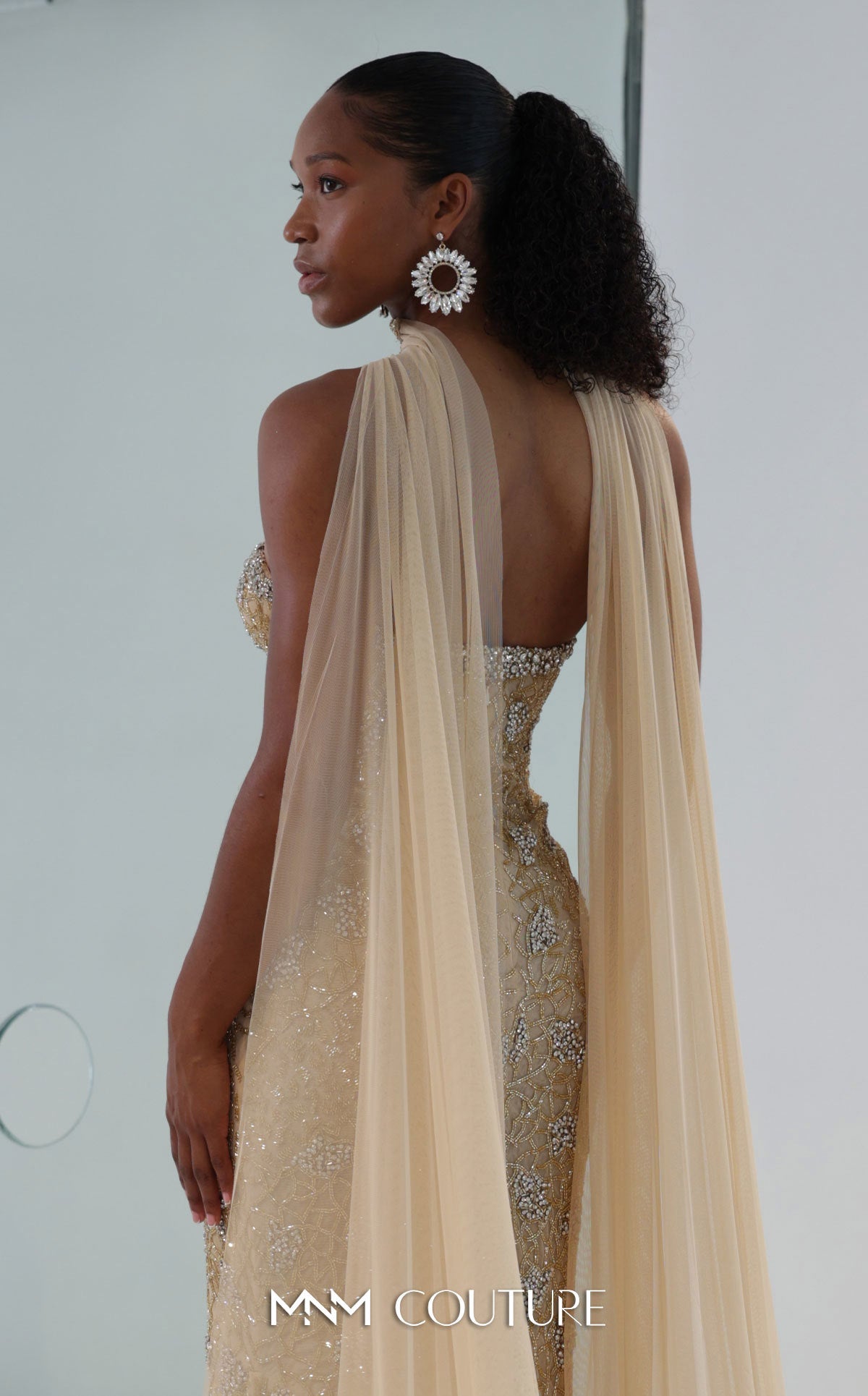 MNM Couture M1188 Gold Strapless Embroidered Mermaid Gown with Sheer Cape