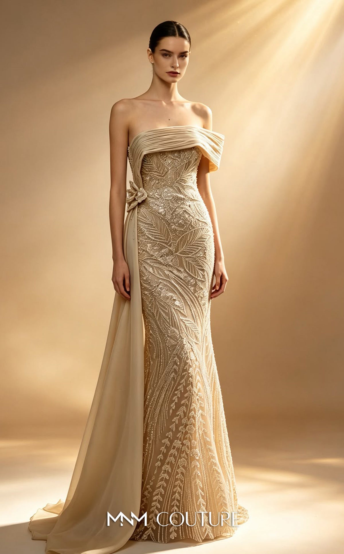 MNM Couture M1313 Beige Foldover Off-The-Shoulder Beaded Column Gown with Floral Hip Accent & Side Overskirt