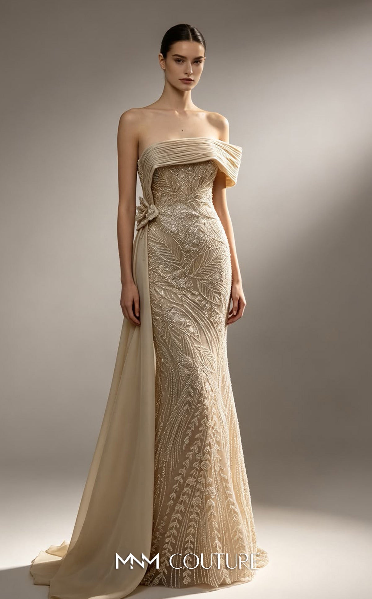 MNM Couture M1313 Beige Foldover Off-The-Shoulder Beaded Column Gown with Floral Hip Accent & Side Overskirt