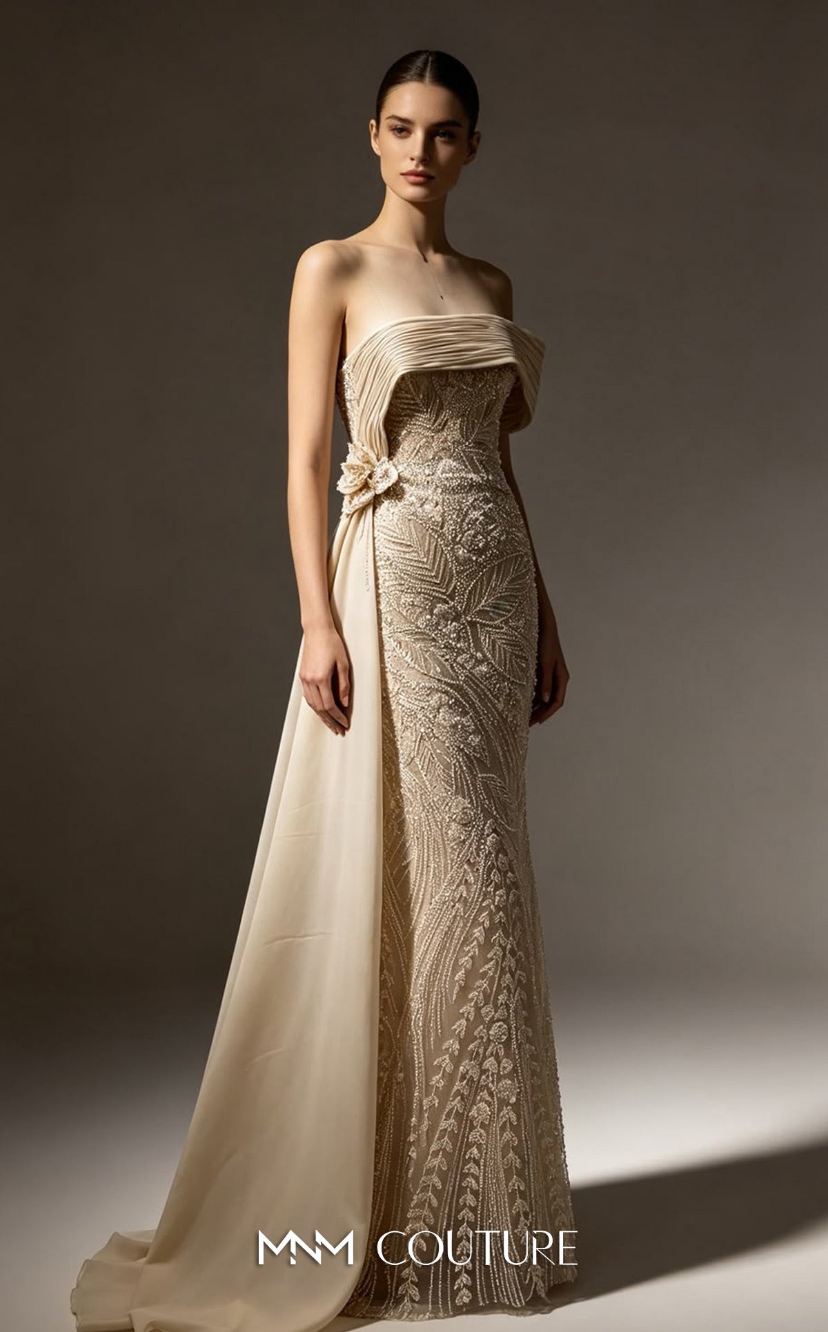 MNM Couture M1313 Beige Foldover Off-The-Shoulder Beaded Column Gown with Floral Hip Accent & Side Overskirt