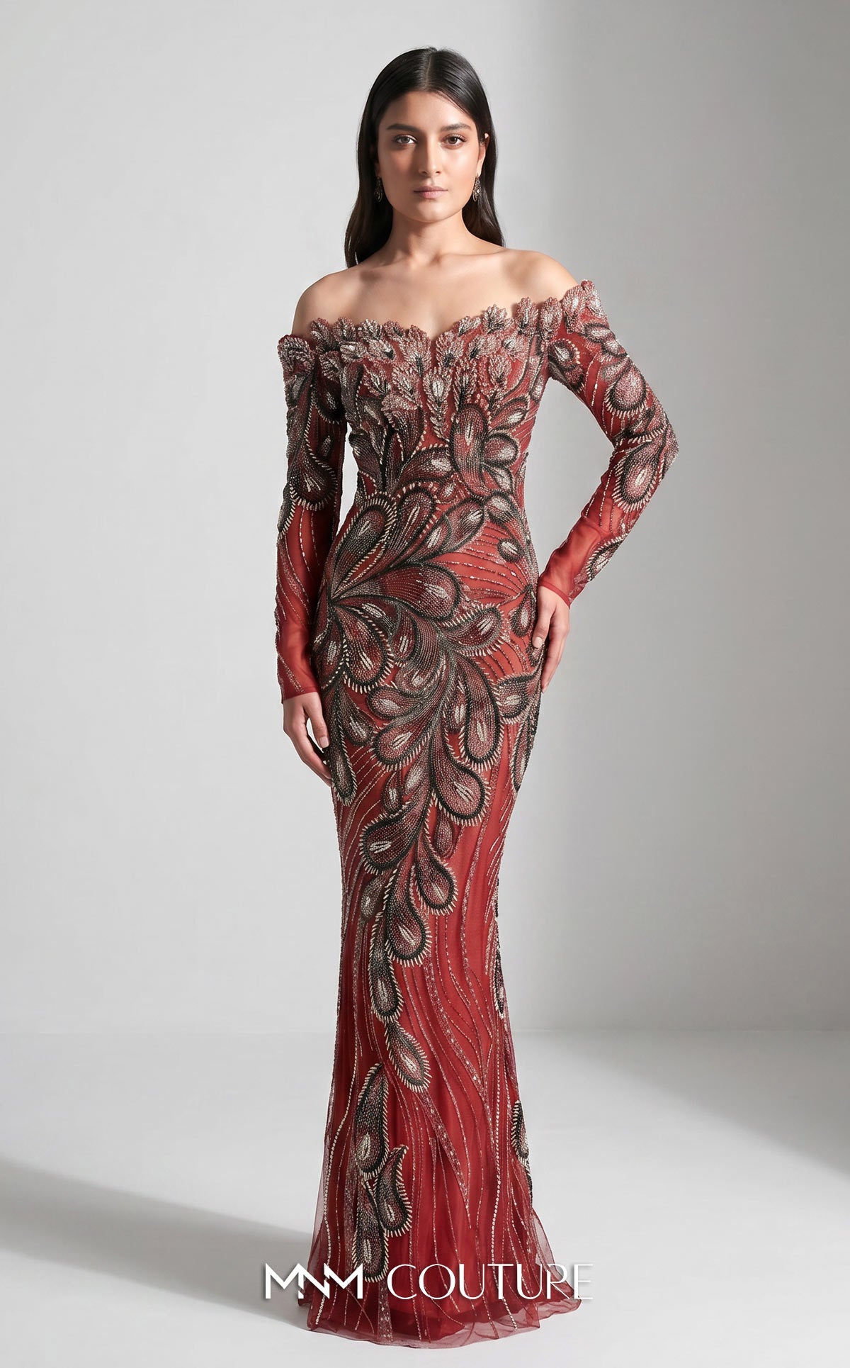 MNM Couture M1316 Red Beaded Off the Shoulder Long Sleeves Gown