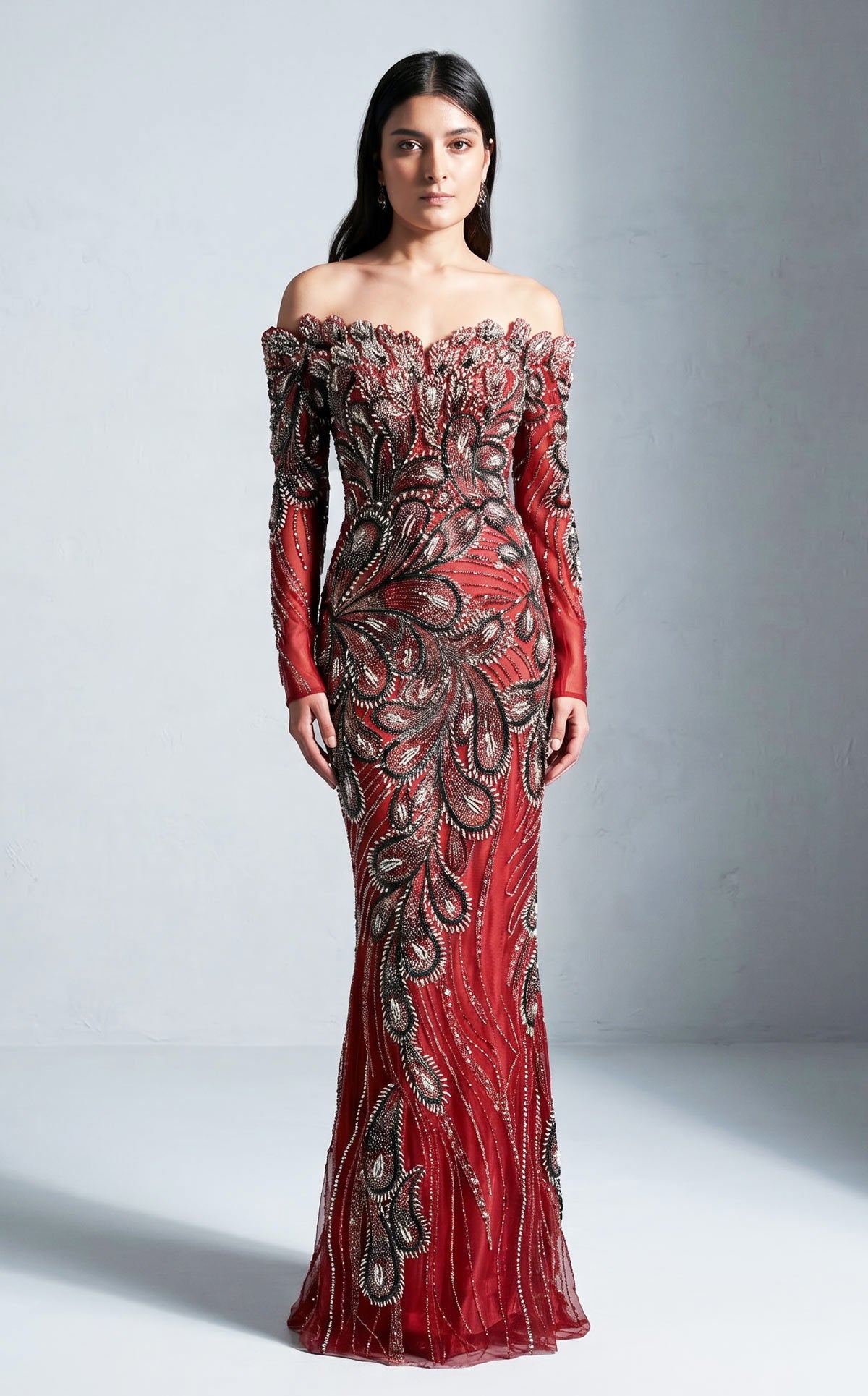 MNM Couture M1316 Red Beaded Off the Shoulder Long Sleeves Gown