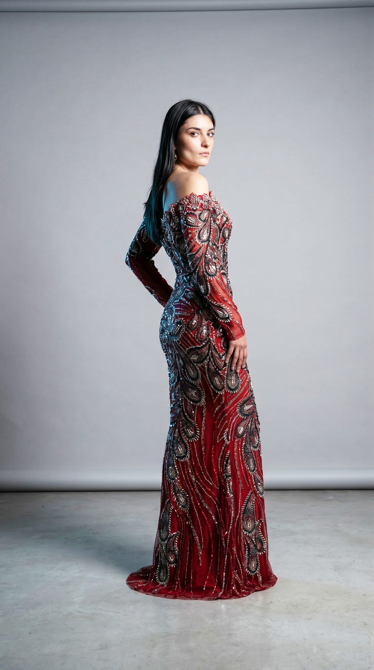 MNM Couture M1316 Red Beaded Off the Shoulder Long Sleeves Gown