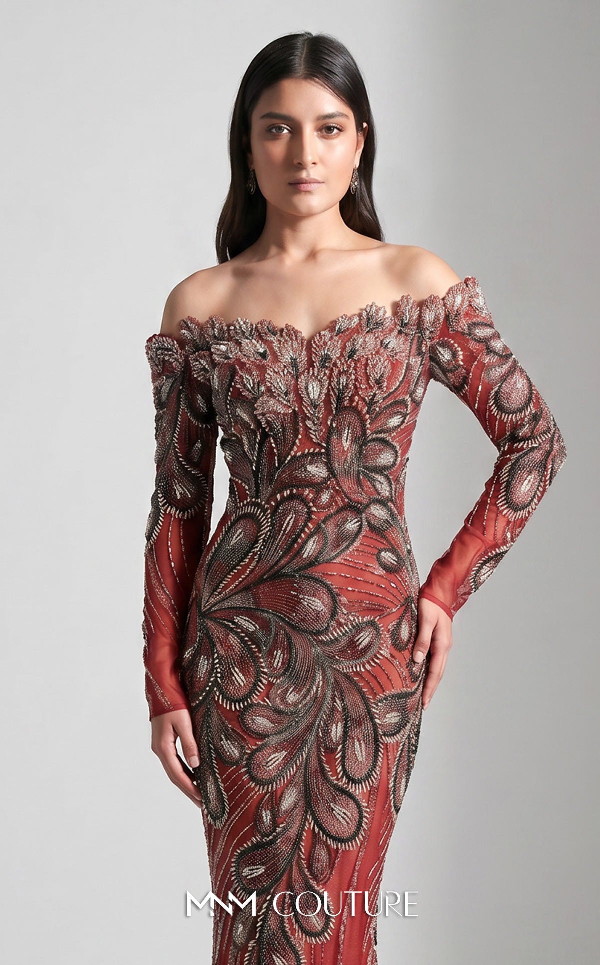 MNM Couture M1316 Red Beaded Off the Shoulder Long Sleeves Gown