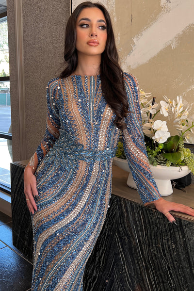 Mariam Blue Long Sleeve Beaded Dress