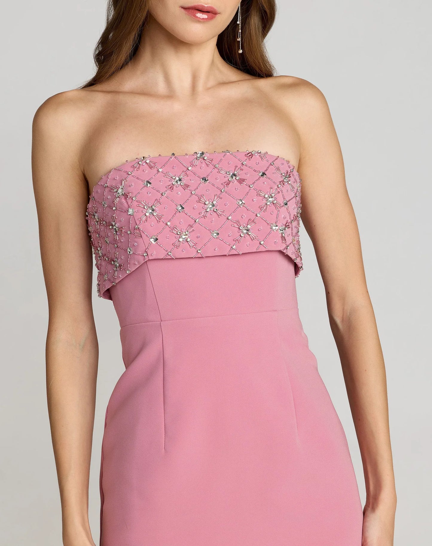 Mac Duggal 11883 Pink Strapless Crepe Midi Dress With Rhinestone Embellished Bodice Overlay