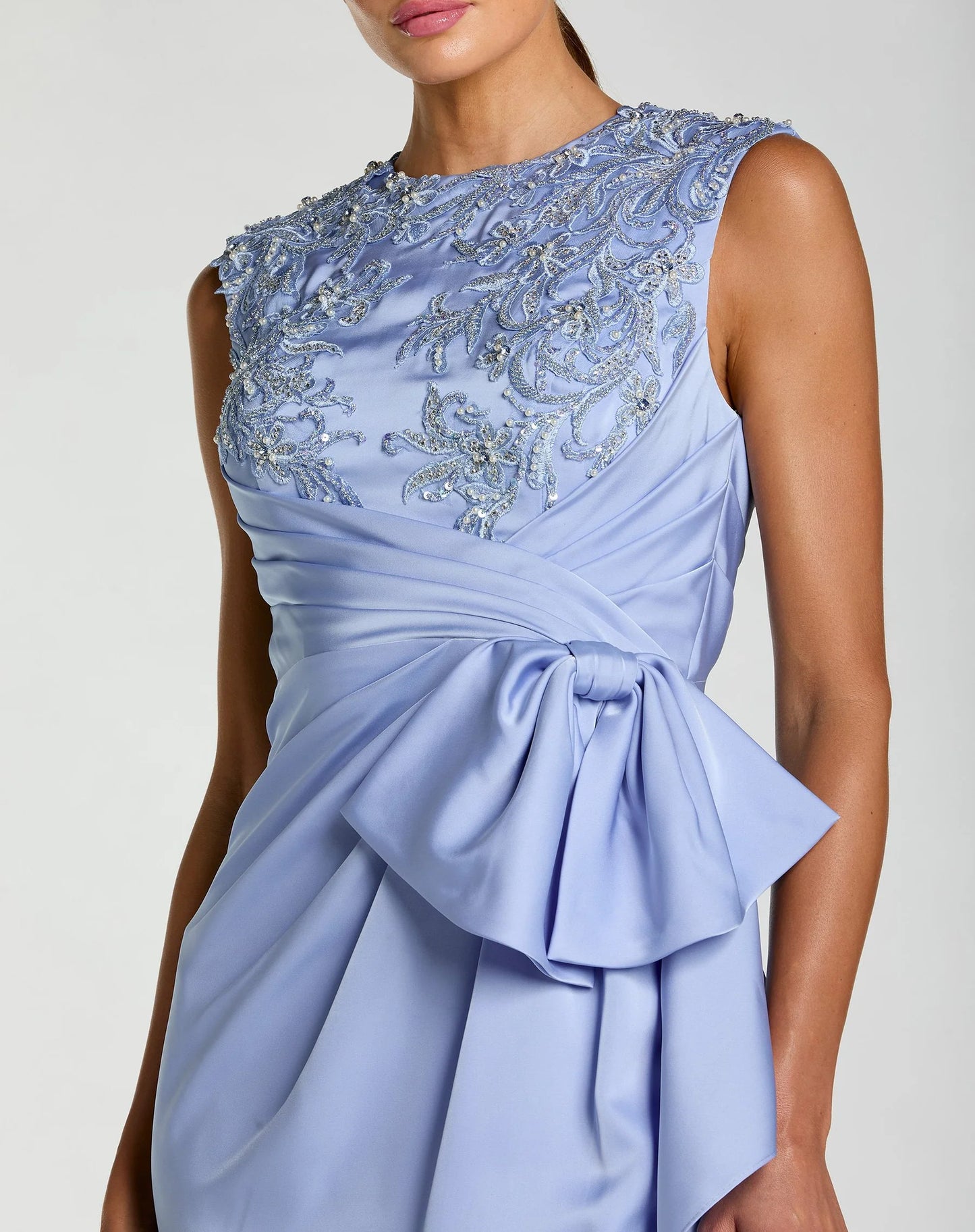 Mac Duggal 11989 Blue Beaded Sleeveless High Neckline Satin Midi Dress with Bow