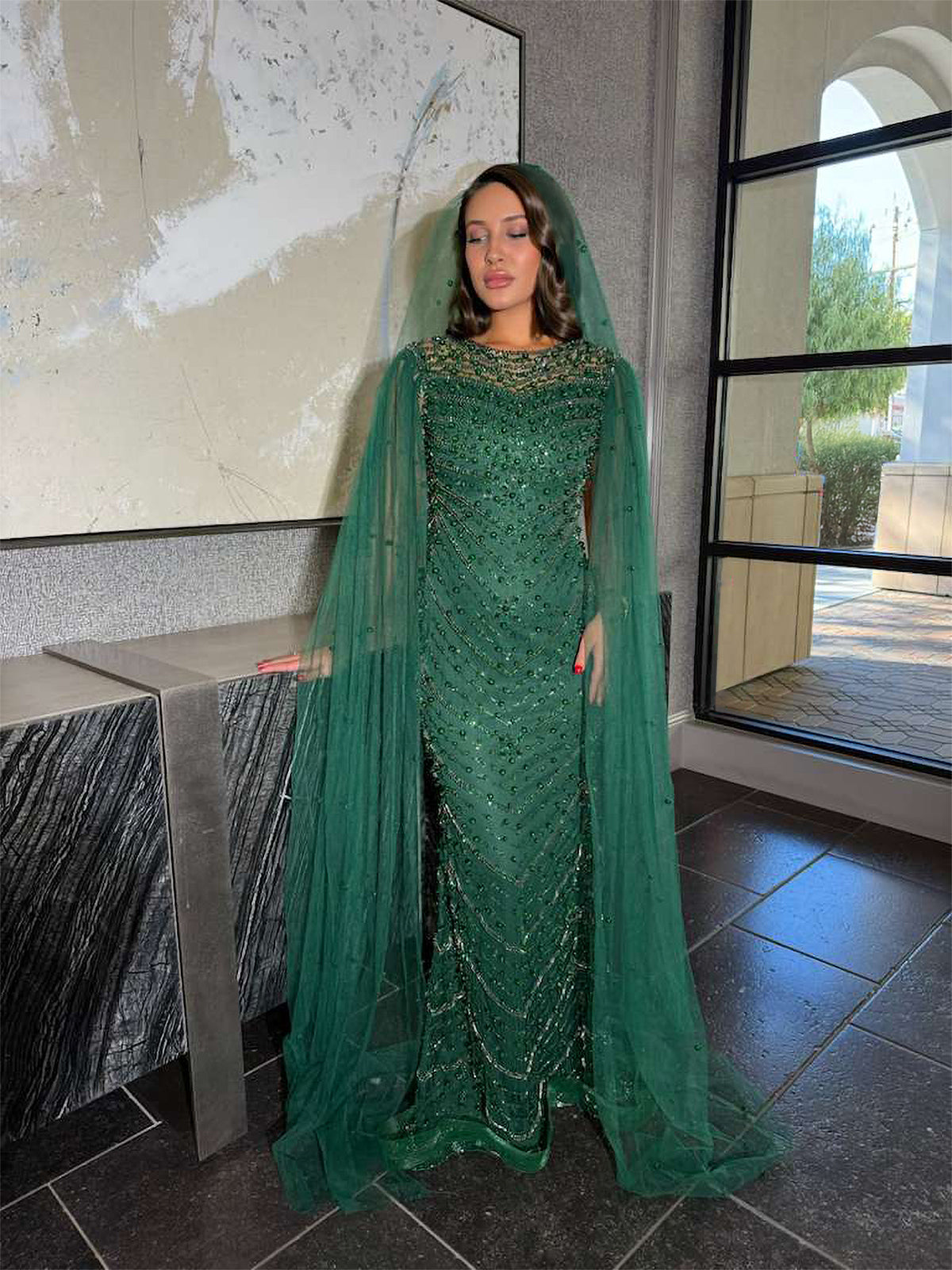 Marwa Emerald Green Drape sleeve Nikkah dress with matching veil