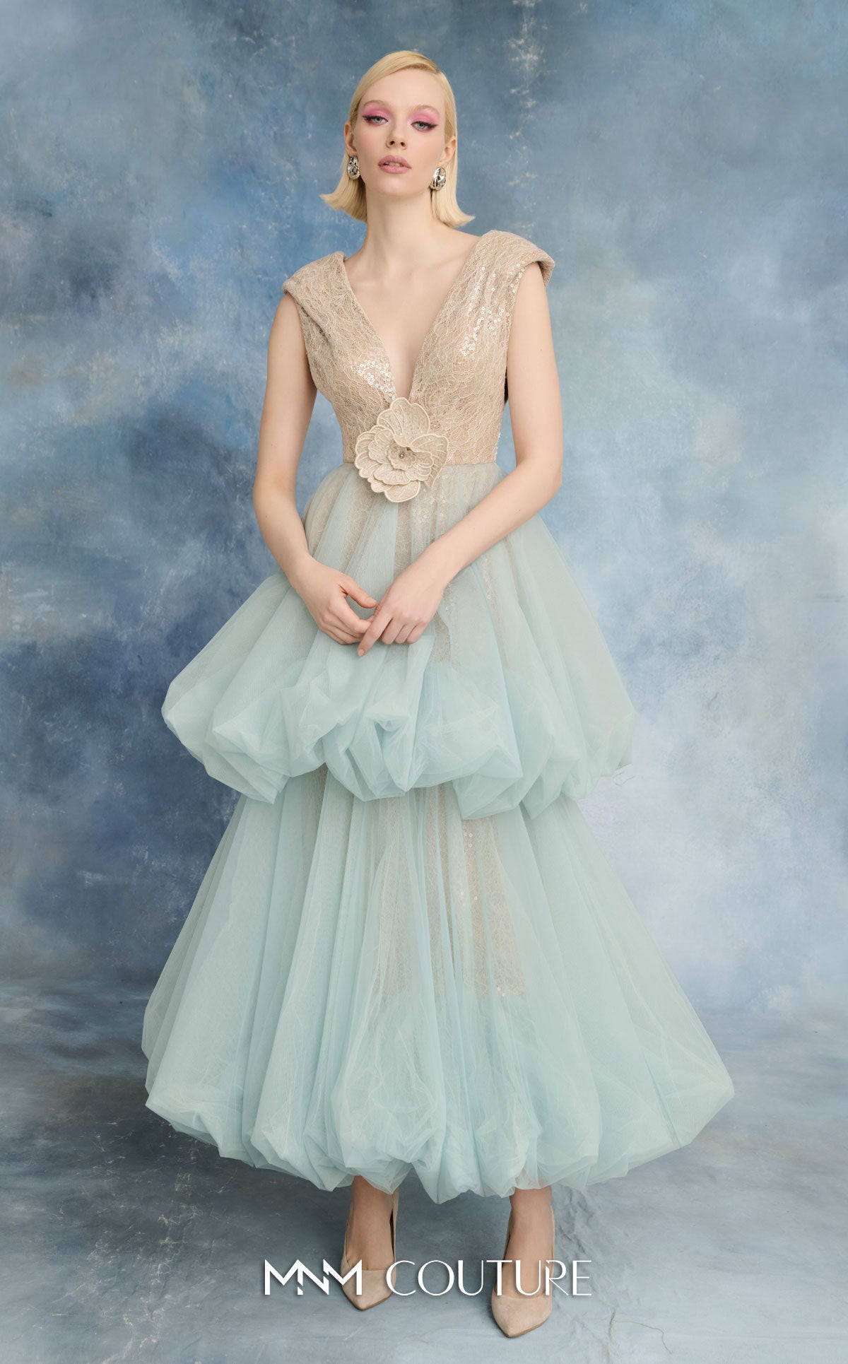 MNM Couture N0719 Blue V-Neck Sequined Bodice Tulle Tiered Ballgown