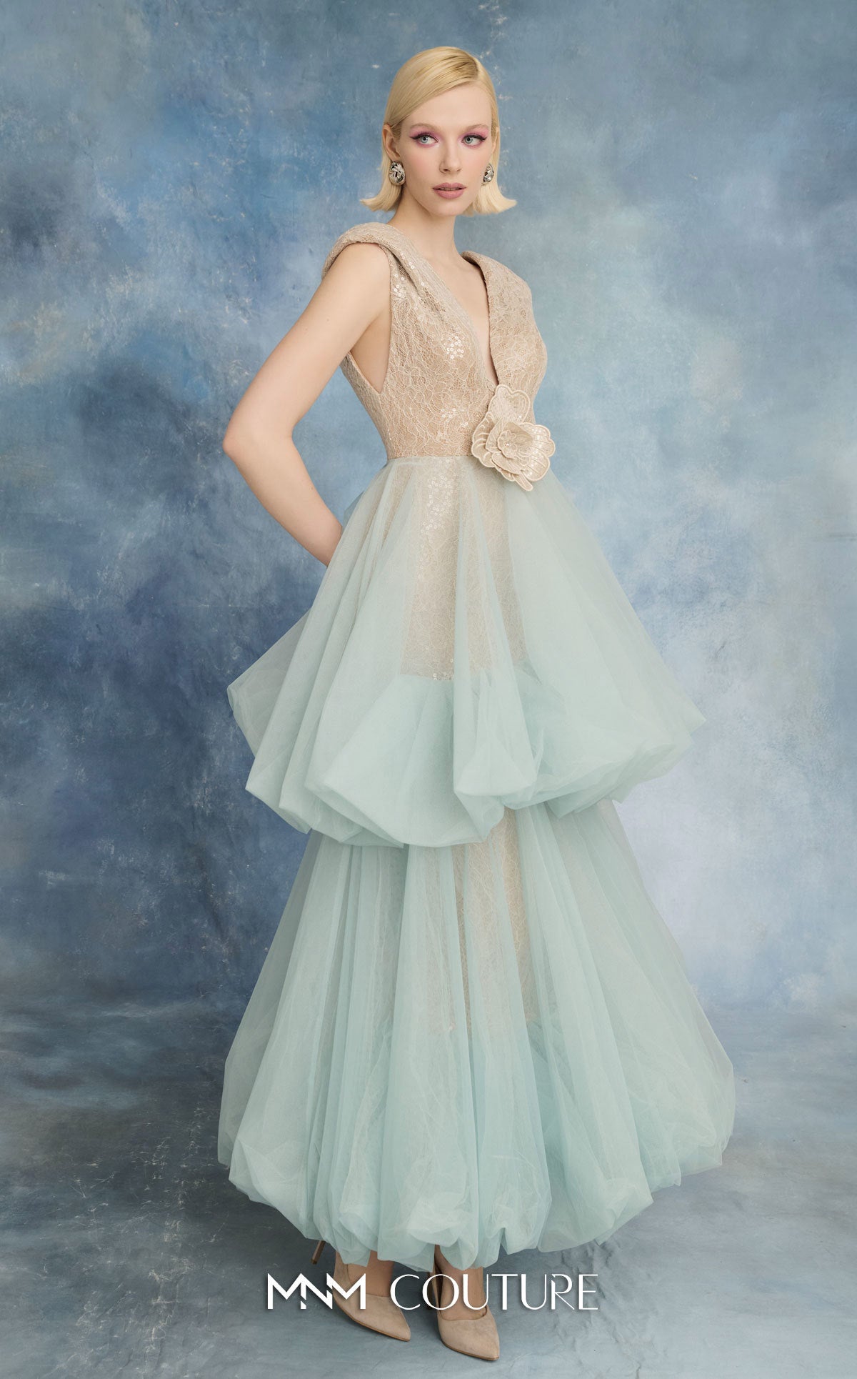 MNM Couture N0719 Blue V-Neck Sequined Bodice Tulle Tiered Ballgown