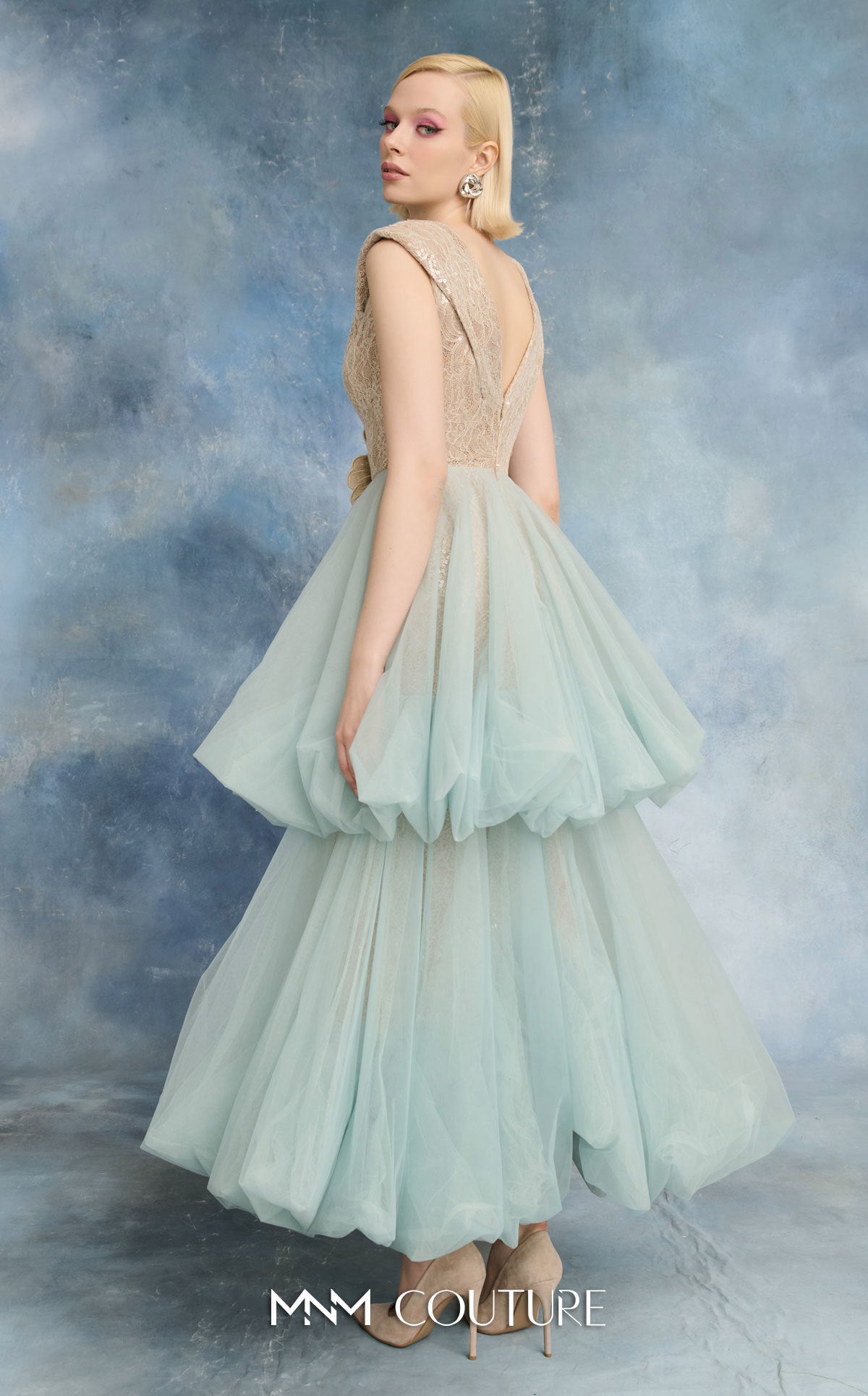 MNM Couture N0719 Blue V-Neck Sequined Bodice Tulle Tiered Ballgown