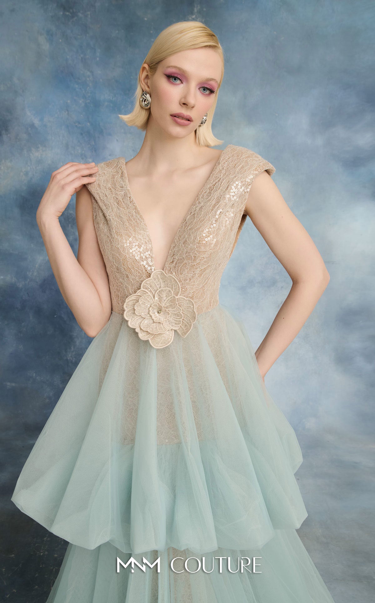 MNM Couture N0719 Blue V-Neck Sequined Bodice Tulle Tiered Ballgown