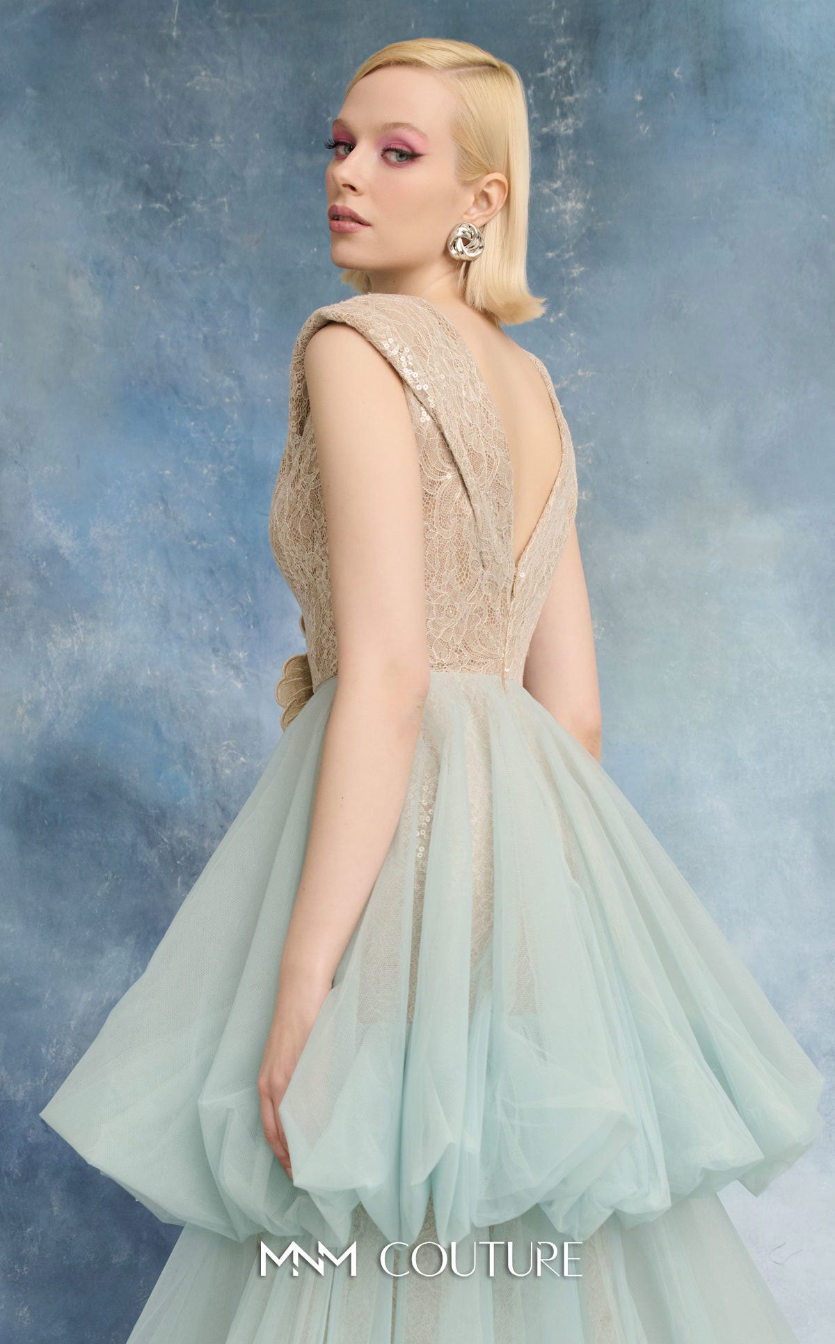 MNM Couture N0719 Blue V-Neck Sequined Bodice Tulle Tiered Ballgown