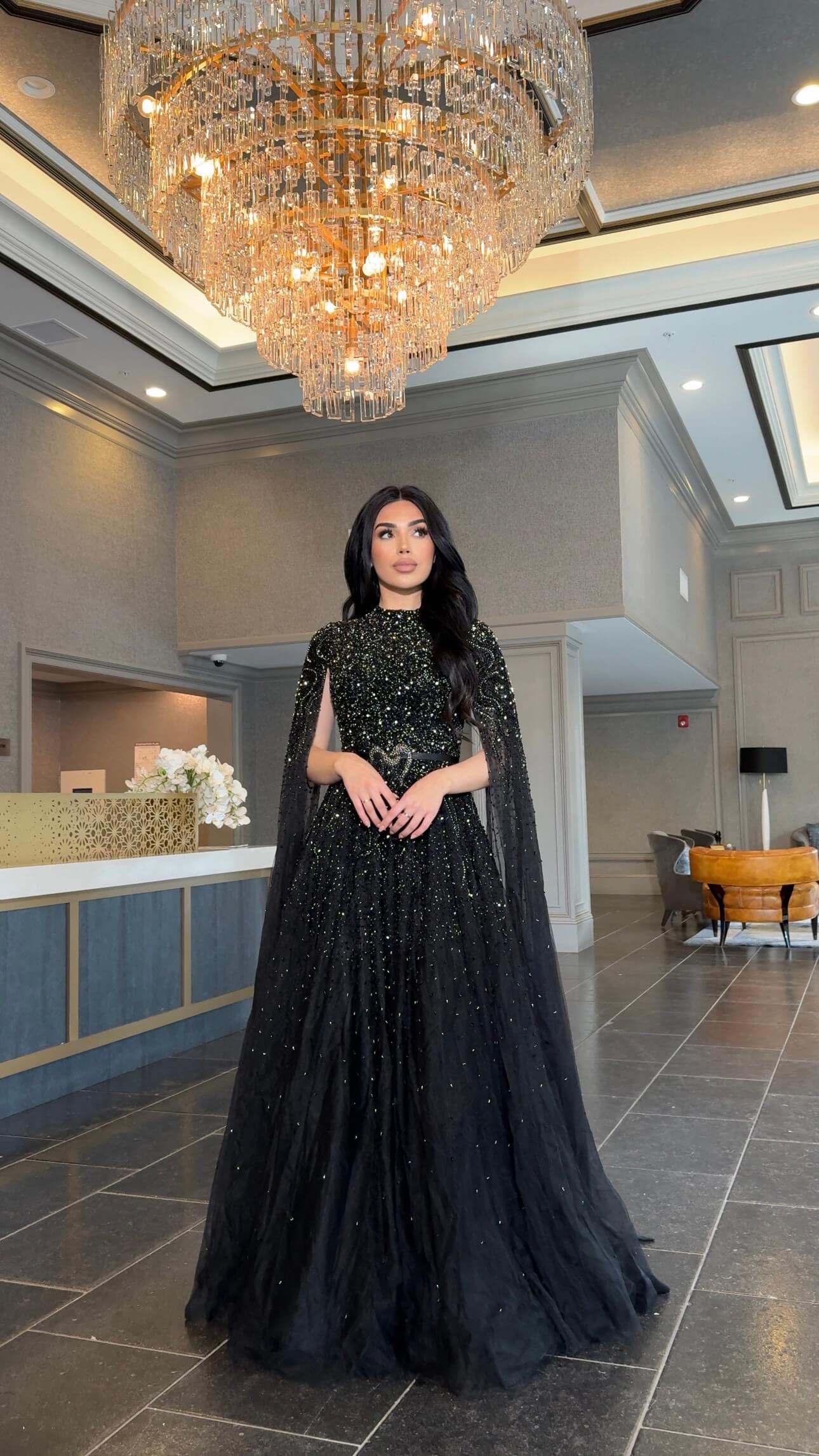 Noor Modest Long Drape Sleeves Beaded A-Line Gown Black / 2 Noor Modest Long Drape Sleeves Beaded A-Line Gown Black / 2