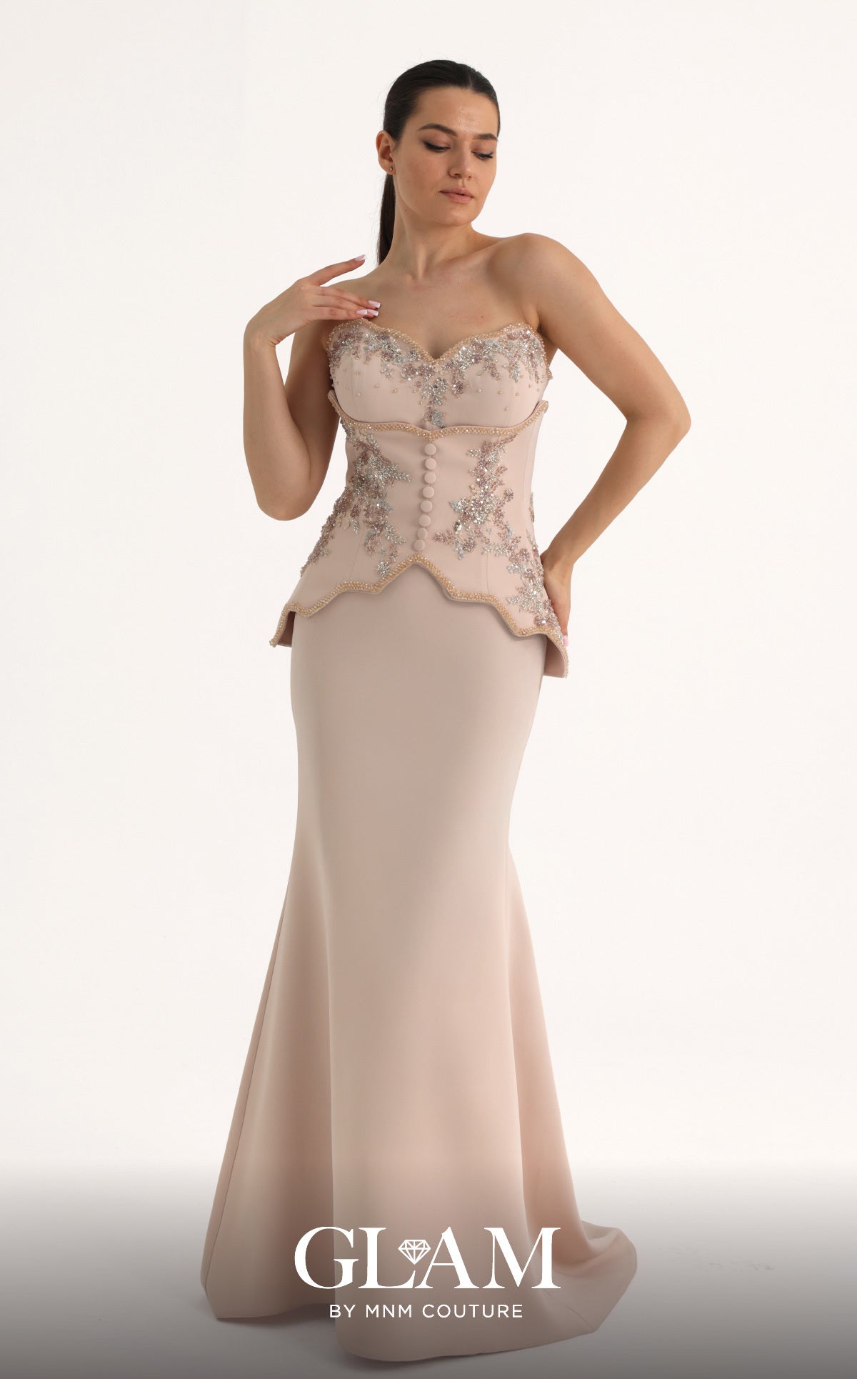 MNM Couture O07796 Pink Beaded Sweetheart Corset Gown with Scalloped Peplum