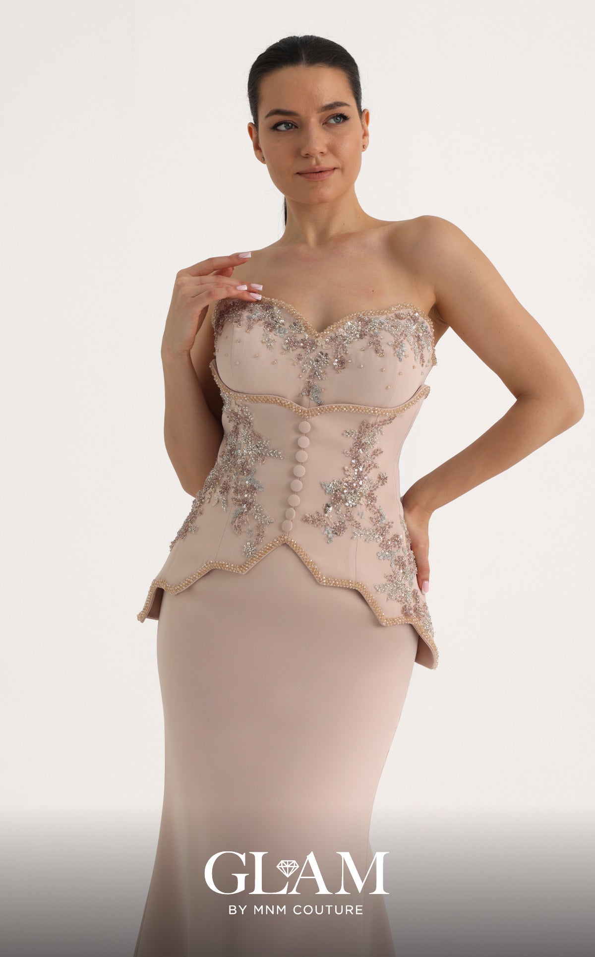 MNM Couture O07796 Pink Beaded Sweetheart Corset Gown with Scalloped Peplum