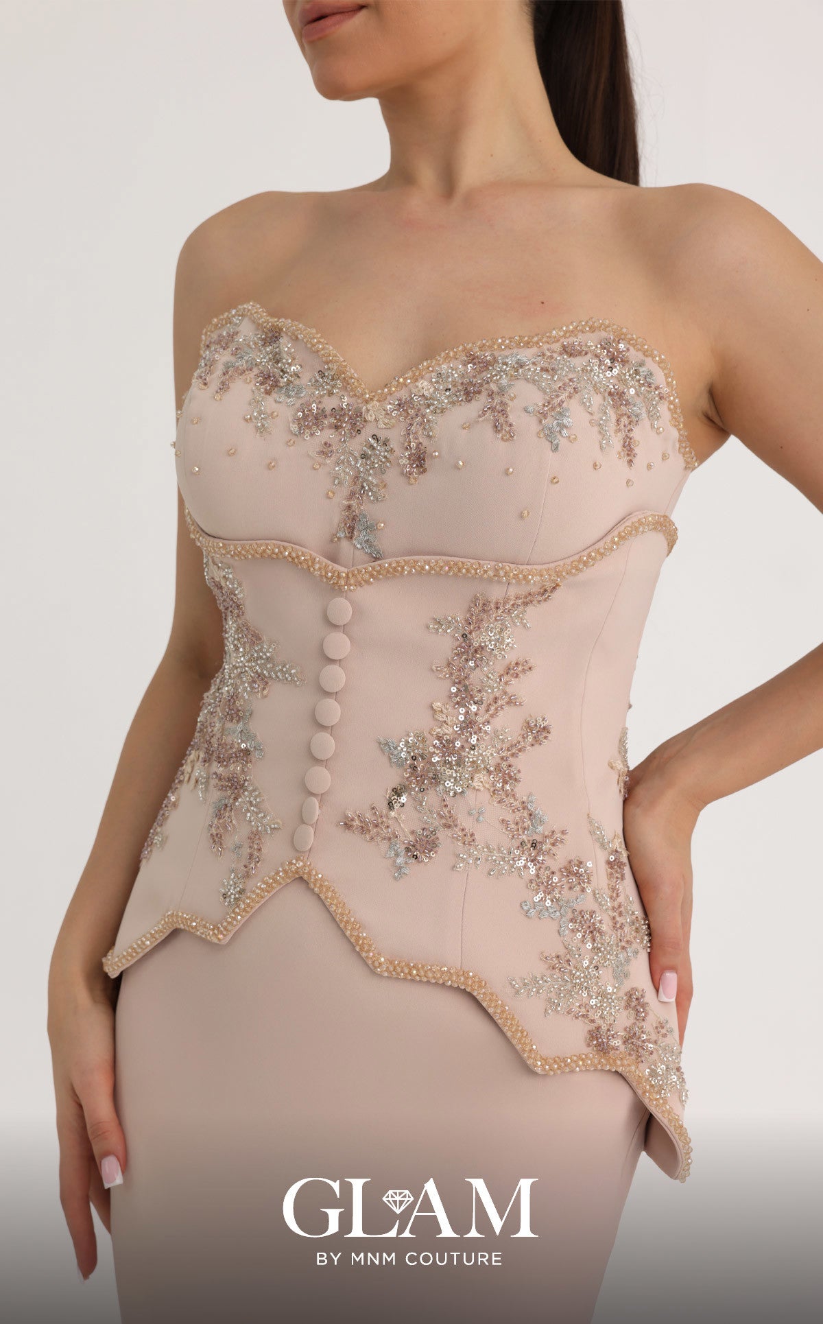 MNM Couture O07796 Pink Beaded Sweetheart Corset Gown with Scalloped Peplum