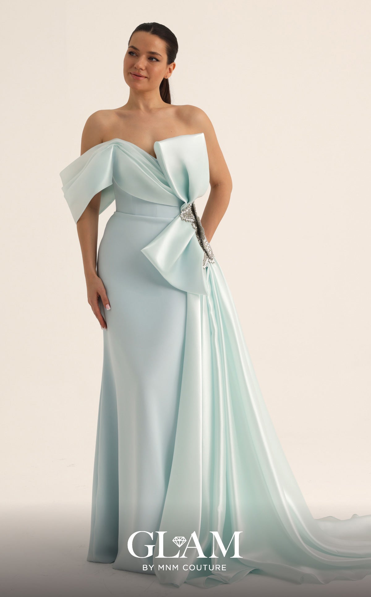 MNM Couture O07802 Blue Off-the-Shoulder Bow Gown with Side Train