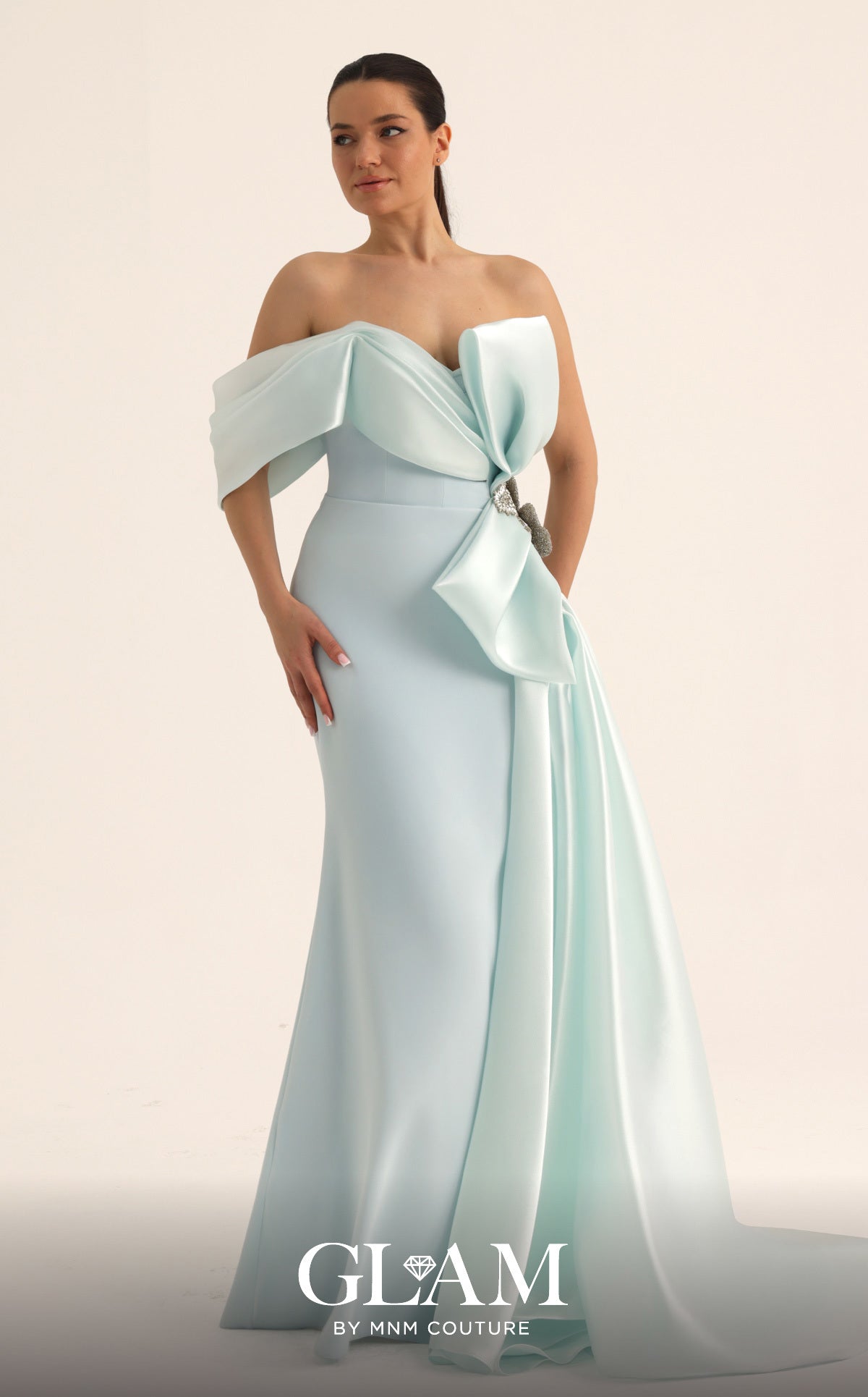 MNM Couture O07802 Blue Off-the-Shoulder Bow Gown with Side Train