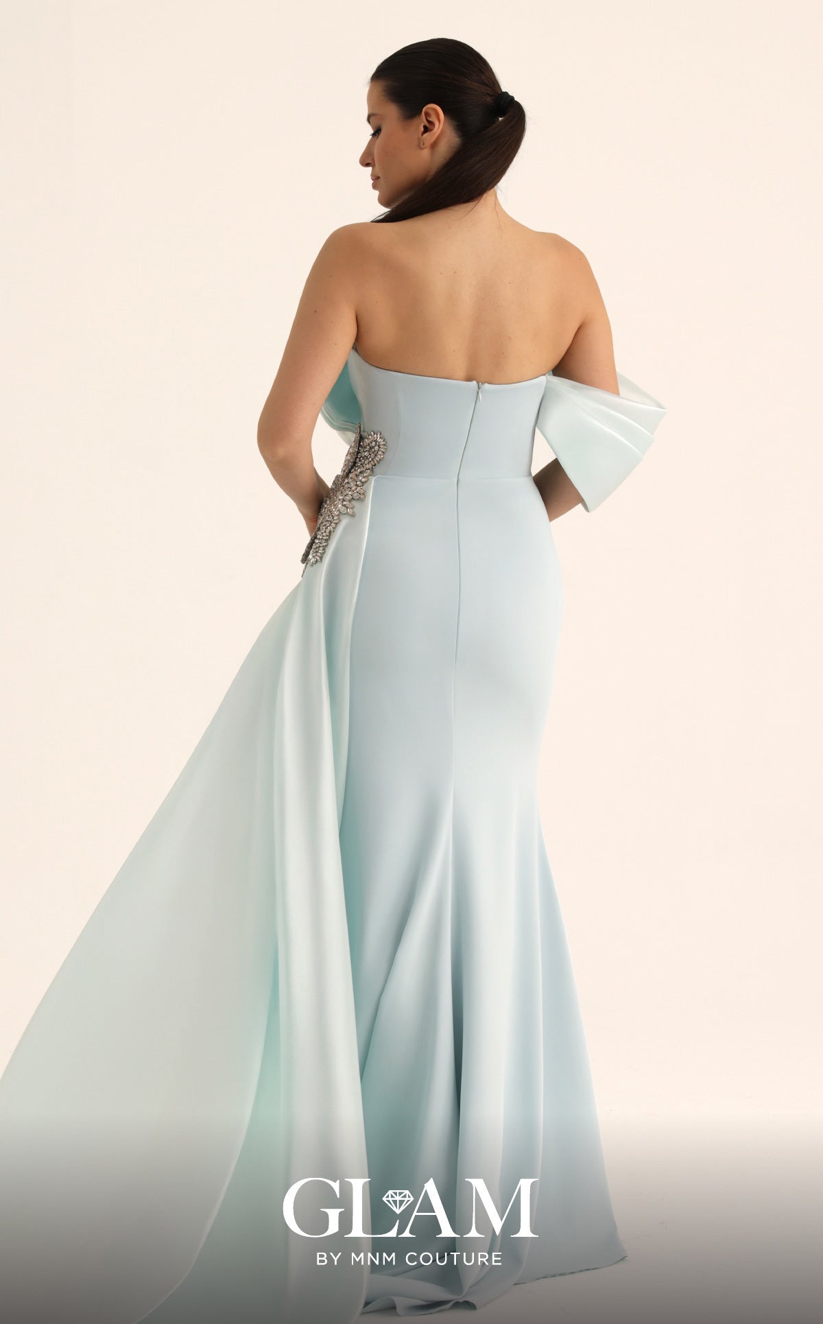 MNM Couture O07802 Blue Off-the-Shoulder Bow Gown with Side Train