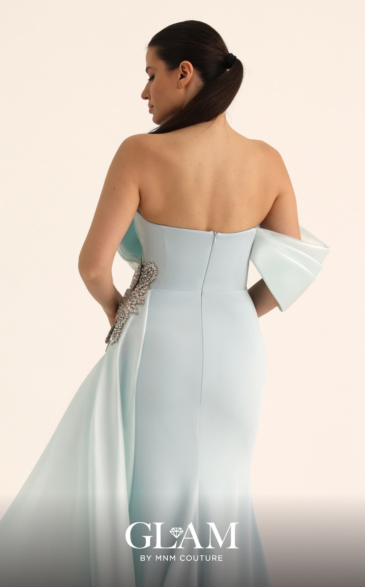 MNM Couture O07802 Blue Off-the-Shoulder Bow Gown with Side Train