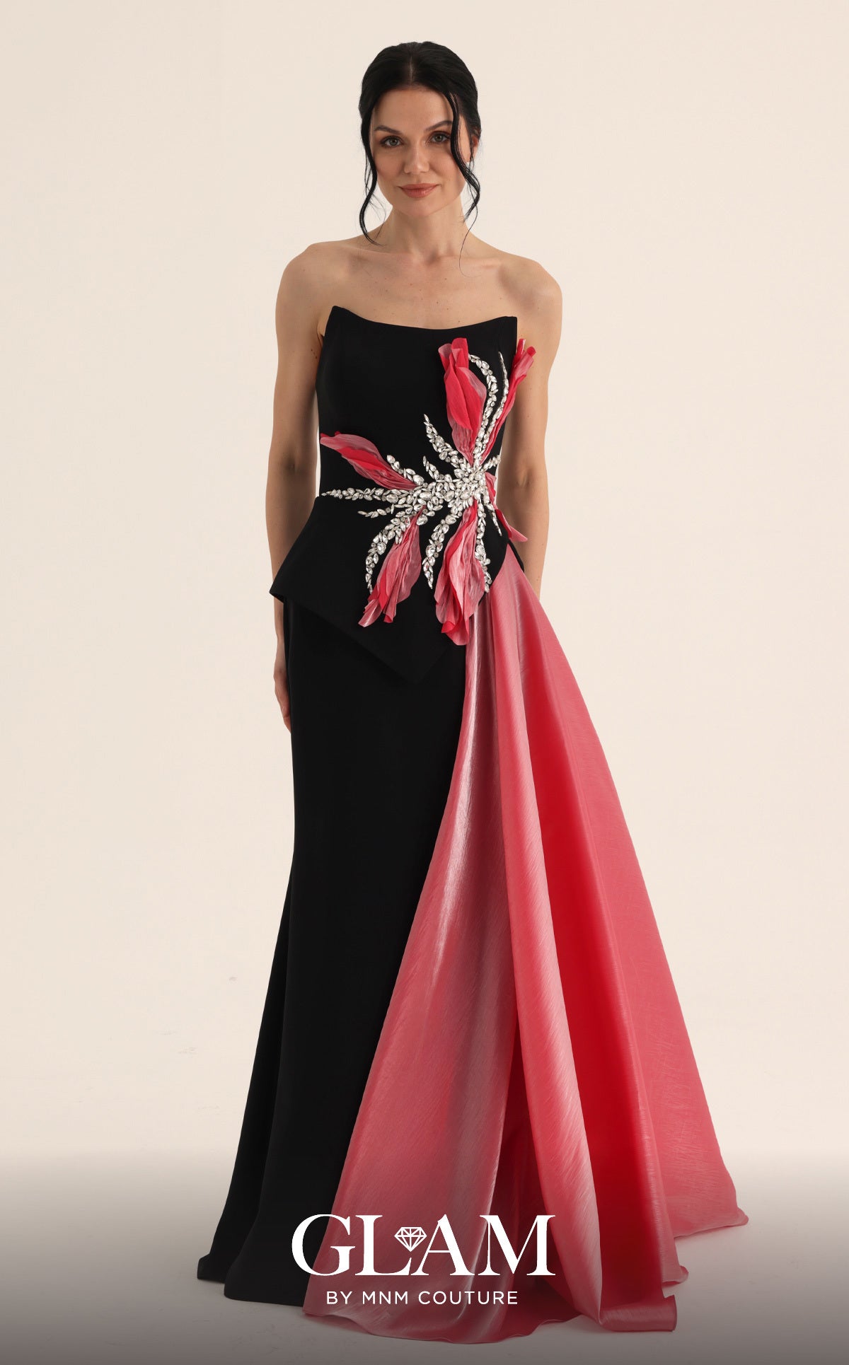 MNM Couture O07806 Black Fuchsia Strapless Embellished Gown with Contrast Side Train