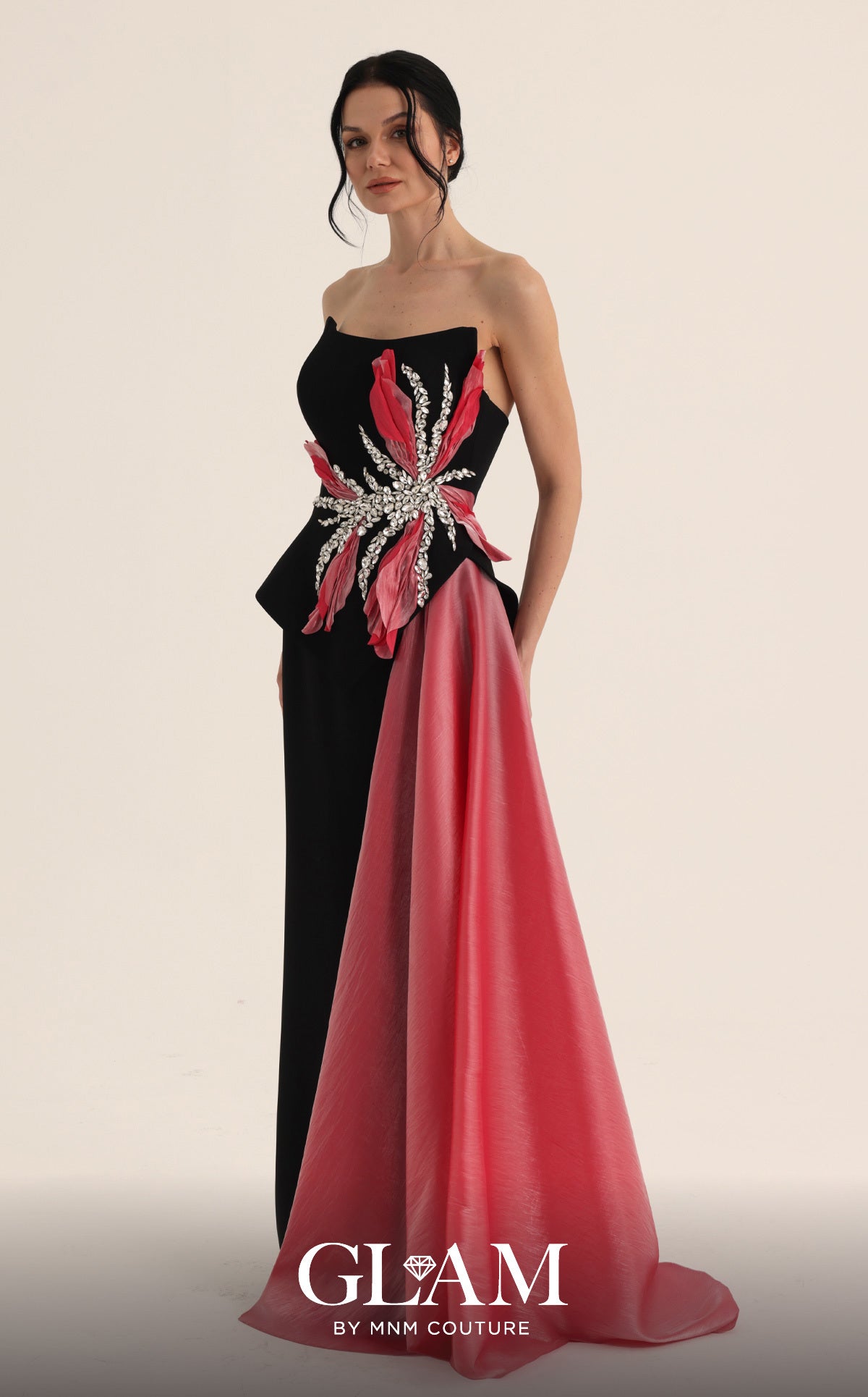 MNM Couture O07806 Black Fuchsia Strapless Embellished Gown with Contrast Side Train