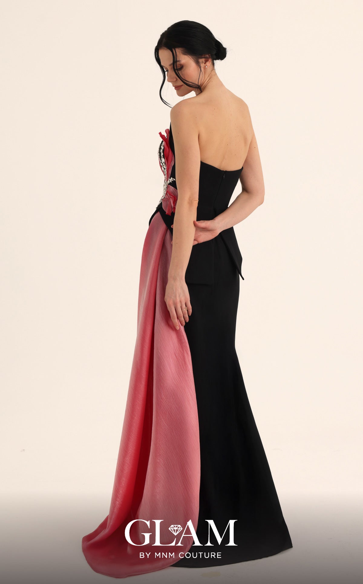 MNM Couture O07806 Black Fuchsia Strapless Embellished Gown with Contrast Side Train