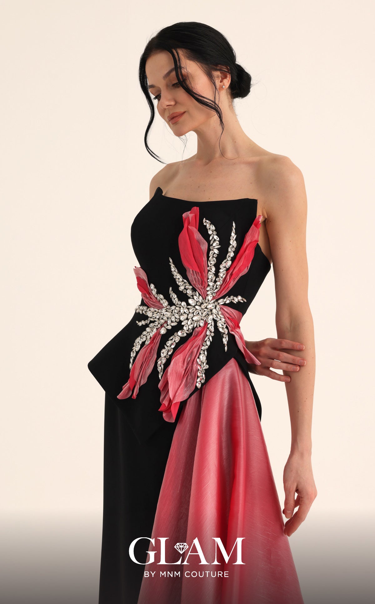 MNM Couture O07806 Black Fuchsia Strapless Embellished Gown with Contrast Side Train