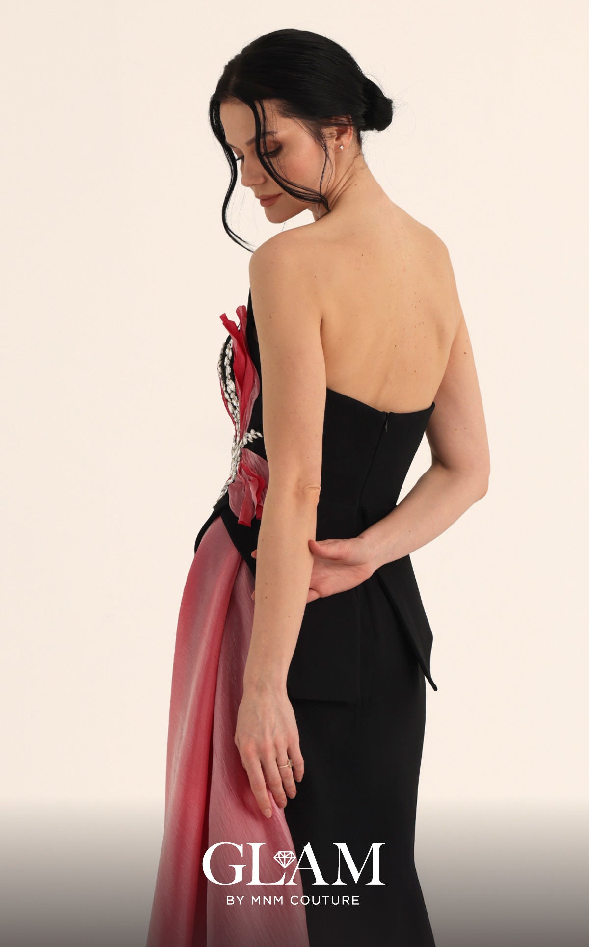 MNM Couture O07806 Black Fuchsia Strapless Embellished Gown with Contrast Side Train