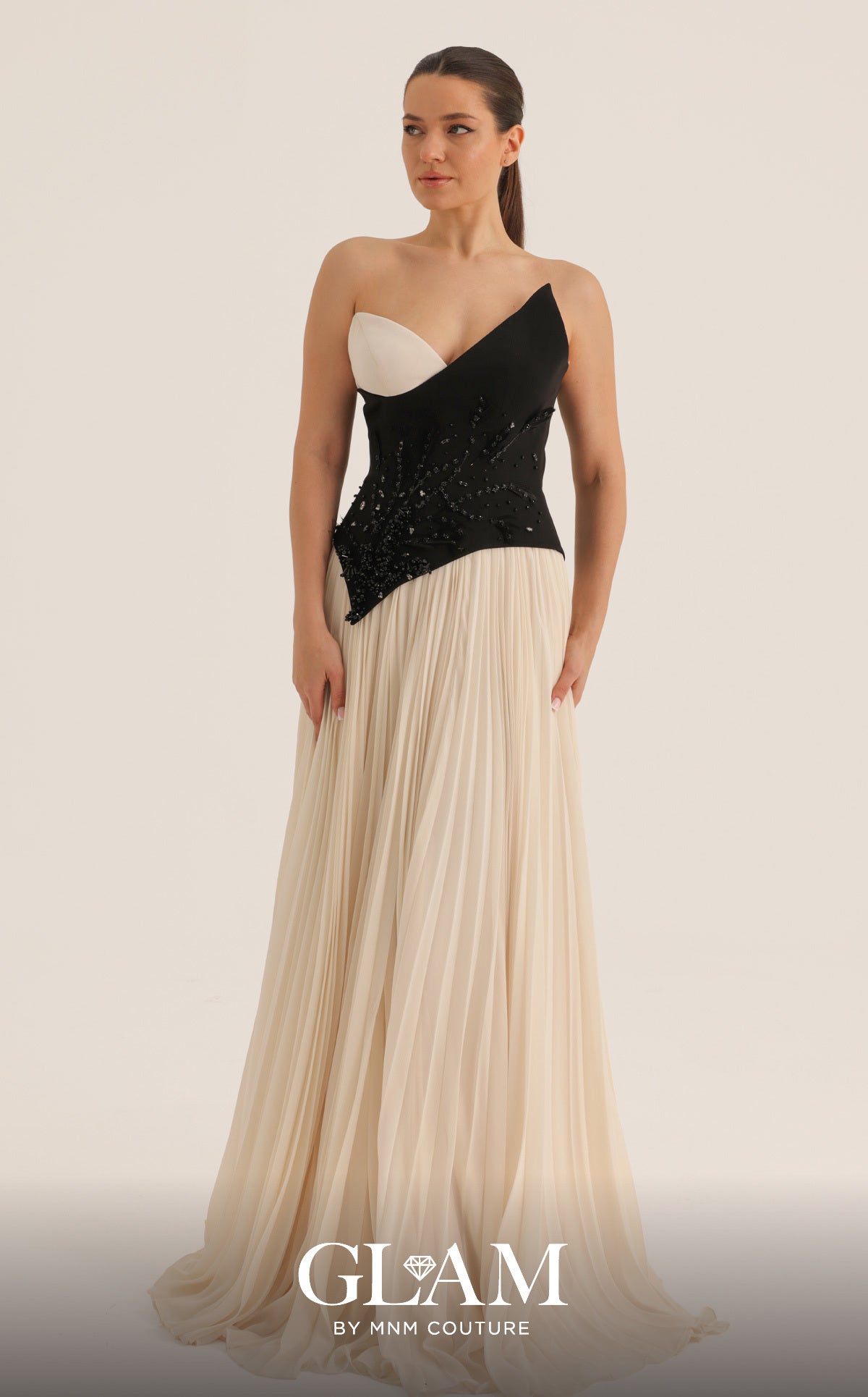 MNM Couture O07808 White Black Asymmetrical Two-Tone Strapless Pleated Gown