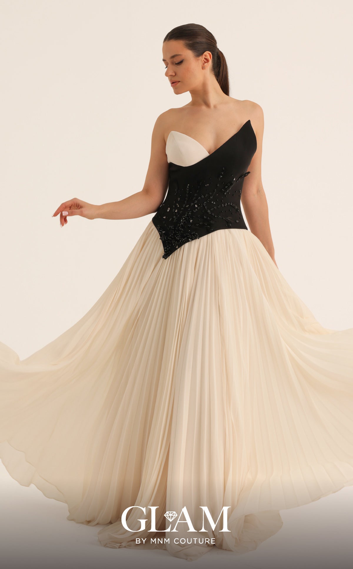 MNM Couture O07808 White Black Asymmetrical Two-Tone Strapless Pleated Gown