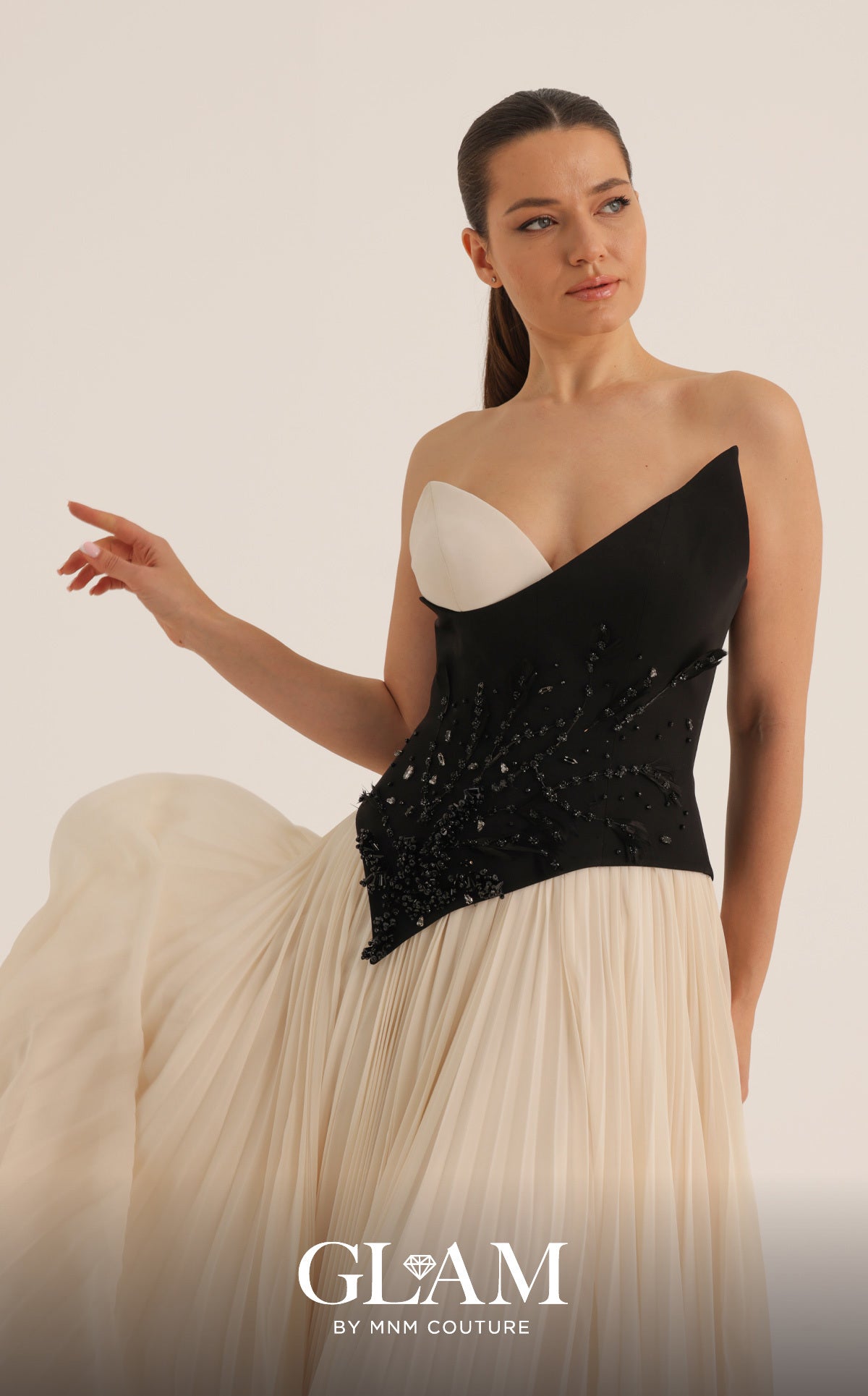 MNM Couture O07808 White Black Asymmetrical Two-Tone Strapless Pleated Gown