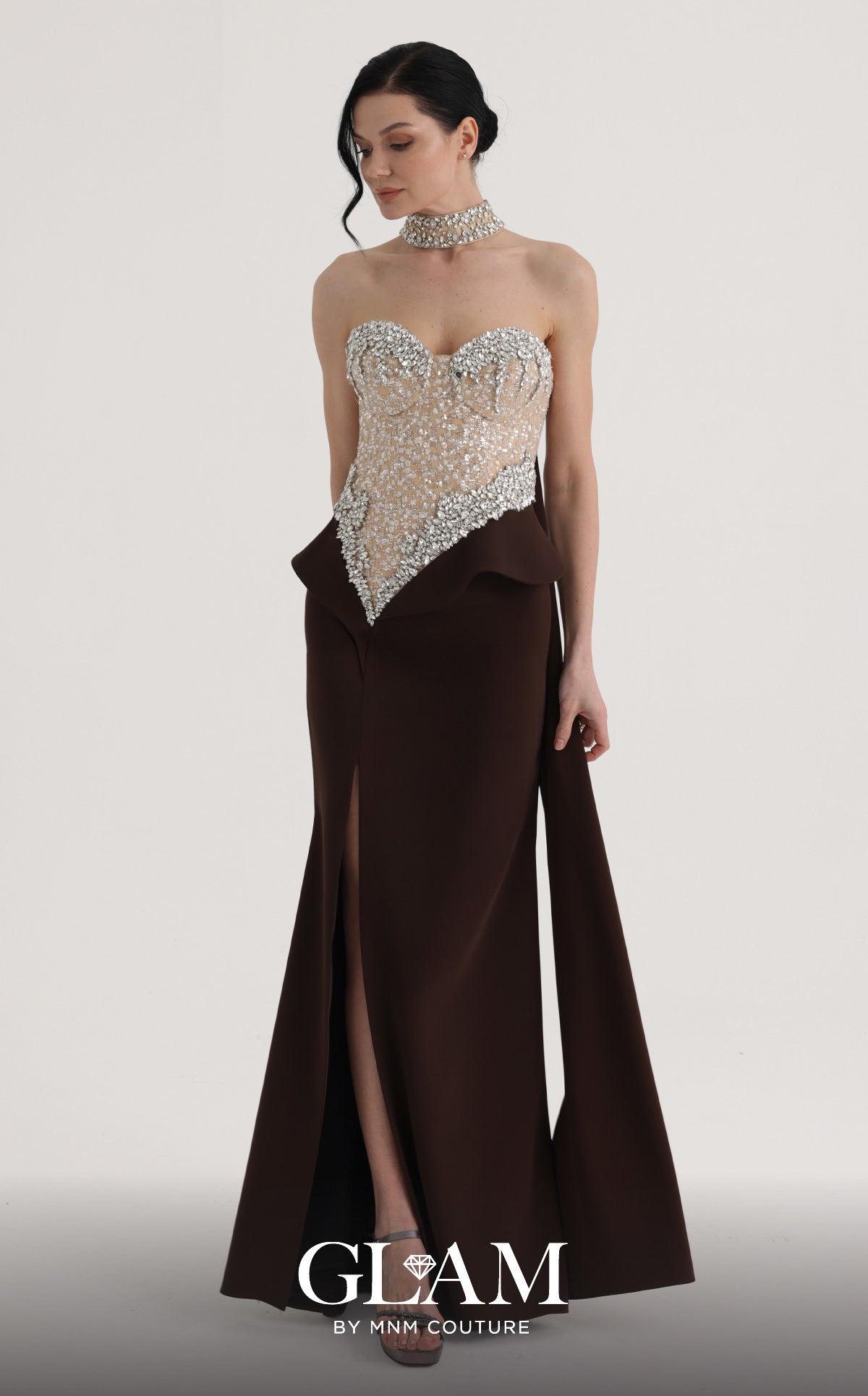 MNM Couture O07814 Brown Strapless Sweetheart Choker-Neck Heavy Beaded Corset Gown