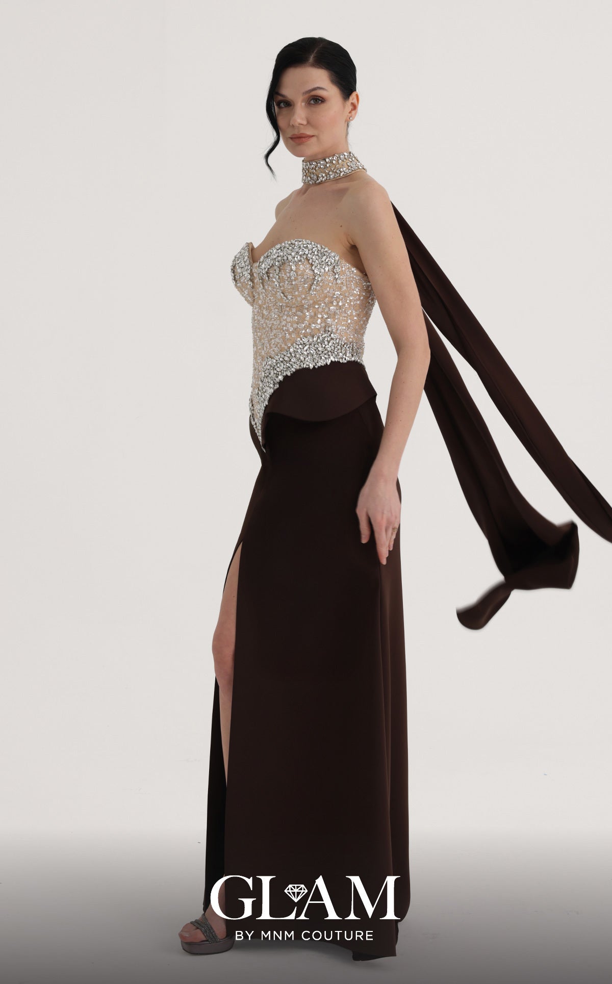 MNM Couture O07814 Brown Strapless Sweetheart Choker-Neck Heavy Beaded Corset Gown
