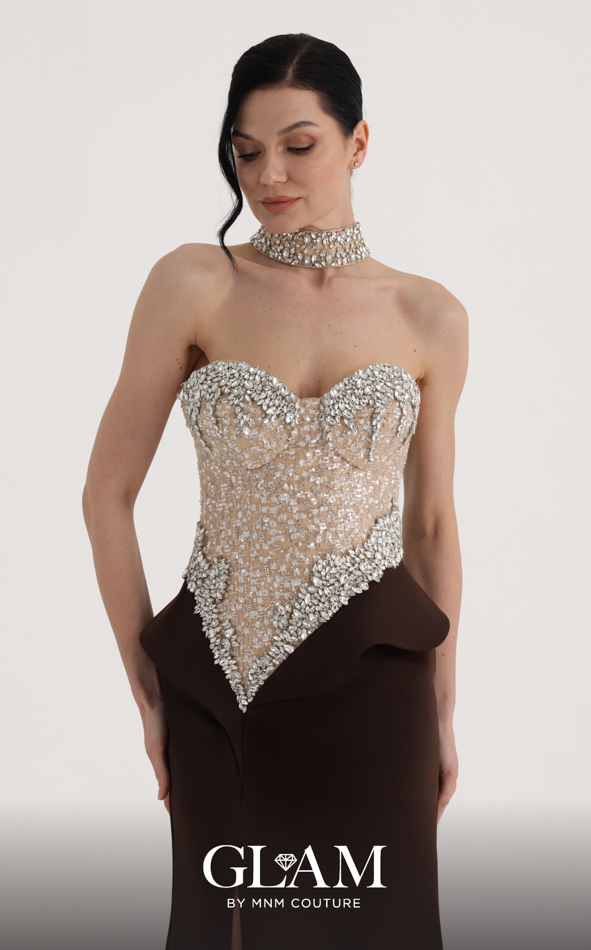 MNM Couture O07814 Brown Strapless Sweetheart Choker-Neck Heavy Beaded Corset Gown