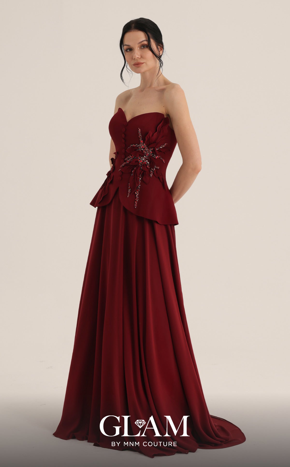 MNM Couture O07815 Red Strapless Beaded Peplum Gown