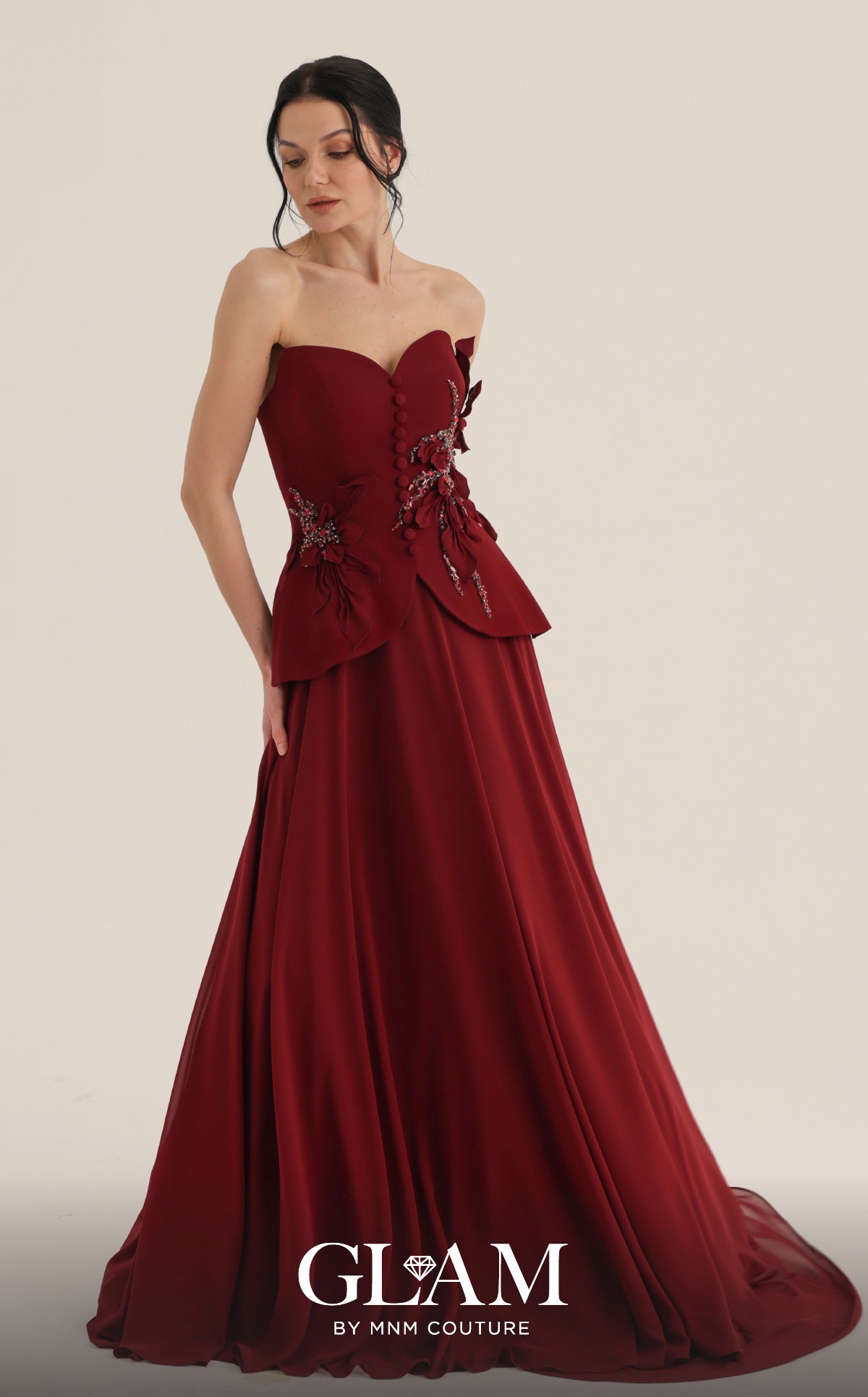 MNM Couture O07815 Red Strapless Beaded Peplum Gown