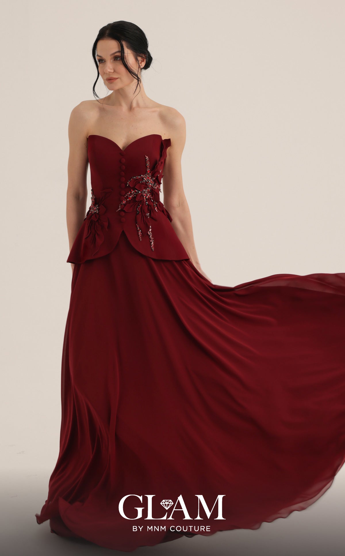 MNM Couture O07815 Red Strapless Beaded Peplum Gown