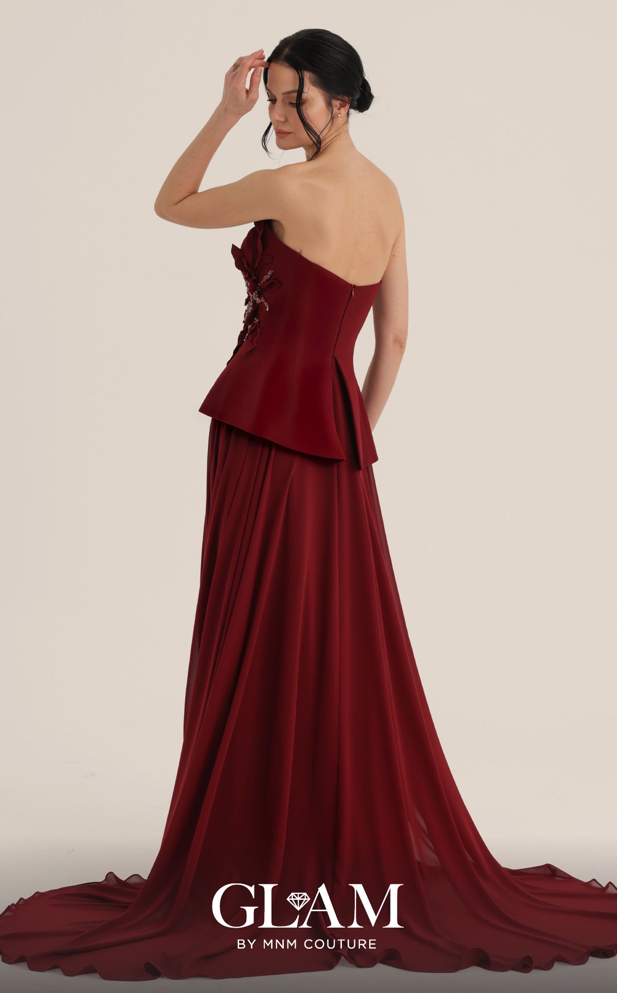 MNM Couture O07815 Red Strapless Beaded Peplum Gown