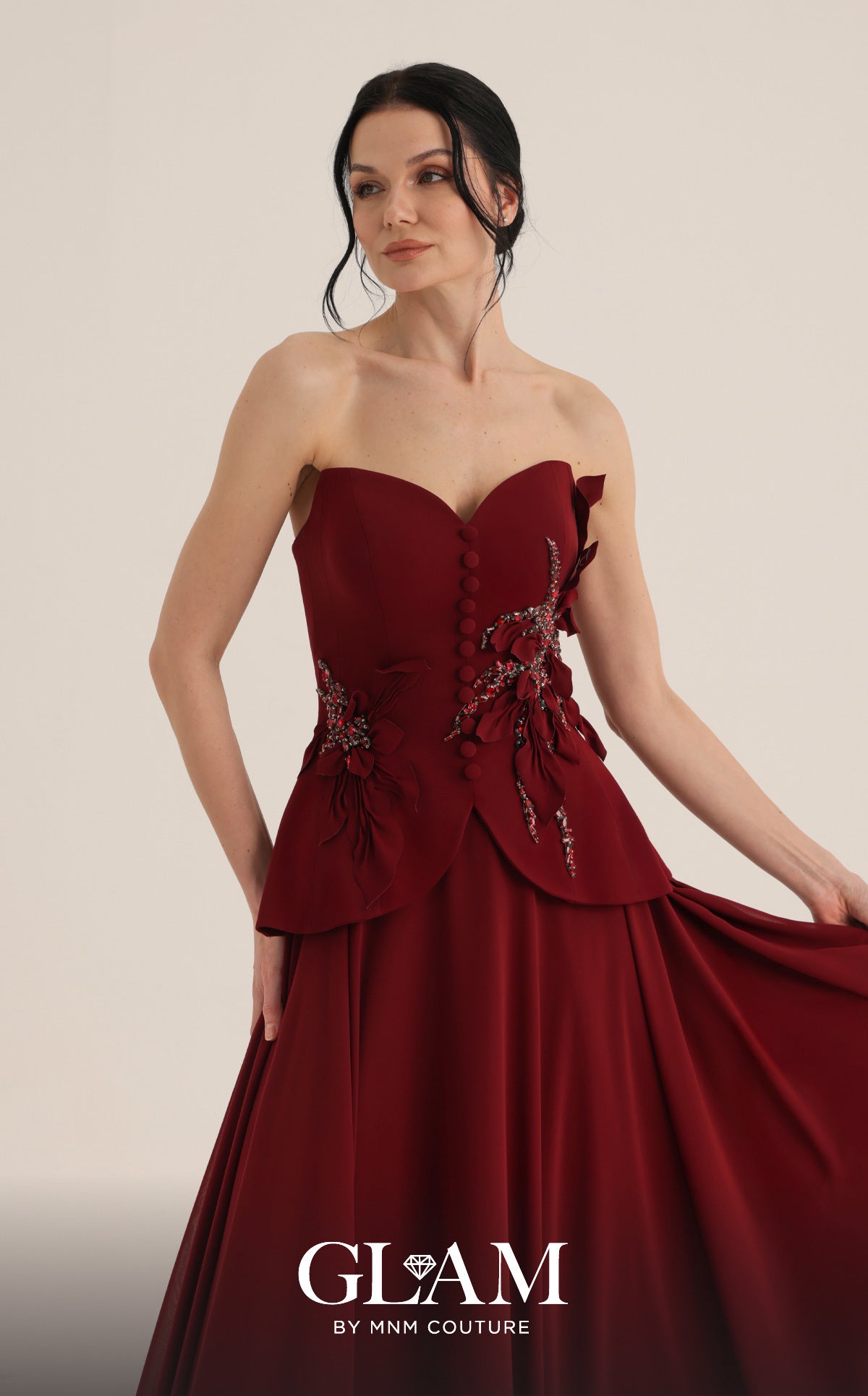 MNM Couture O07815 Red Strapless Beaded Peplum Gown