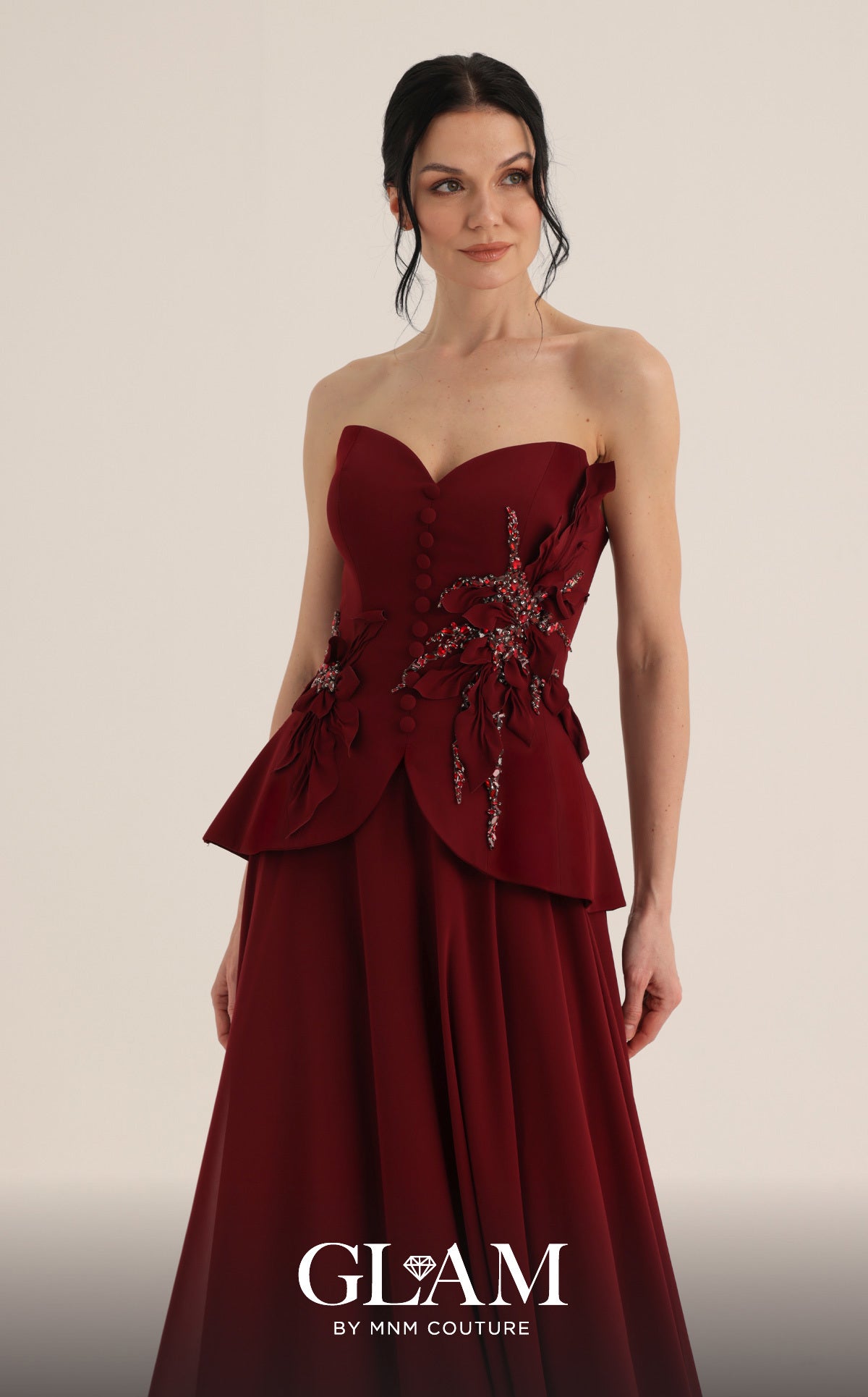 MNM Couture O07815 Red Strapless Beaded Peplum Gown