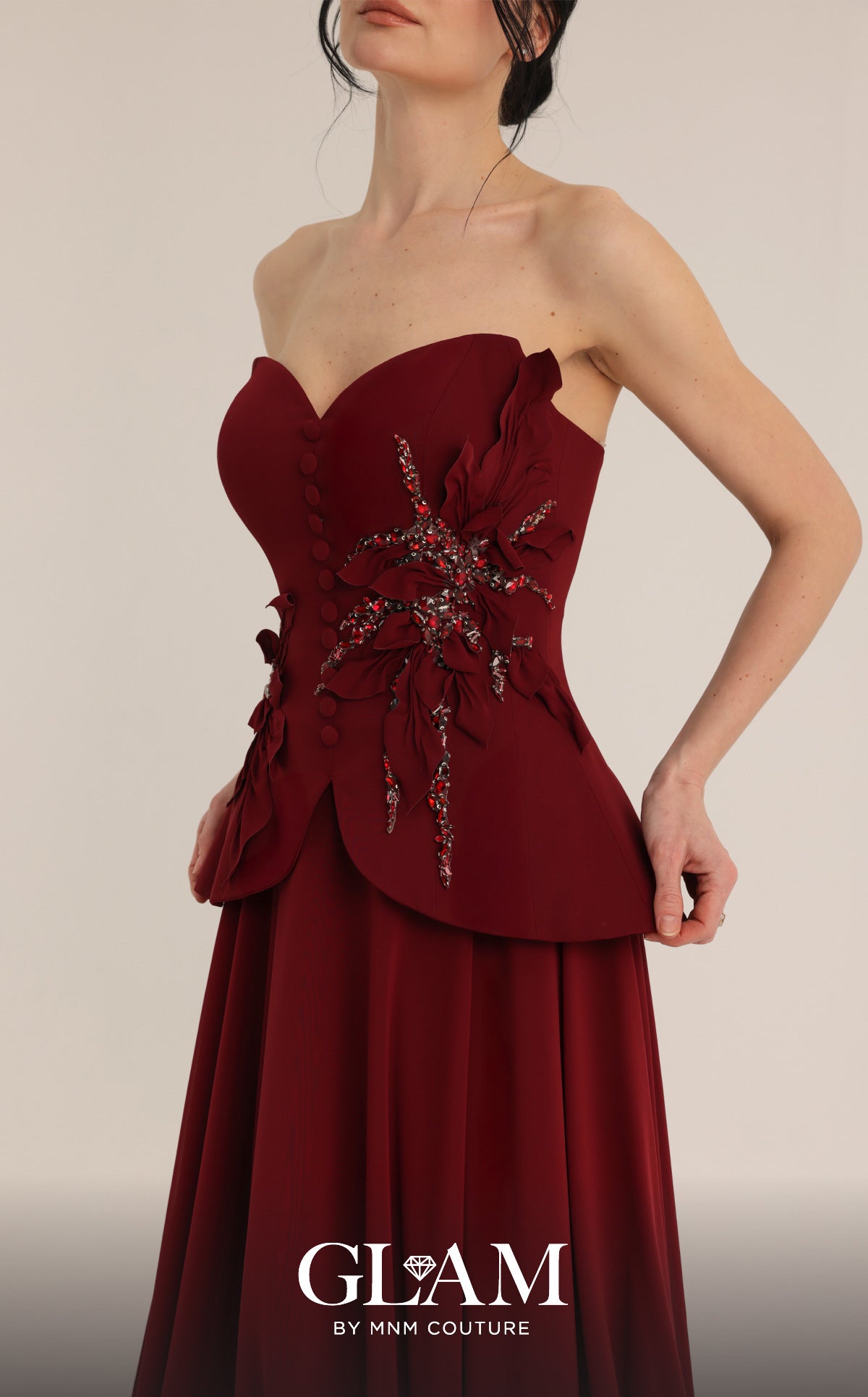 MNM Couture O07815 Red Strapless Beaded Peplum Gown