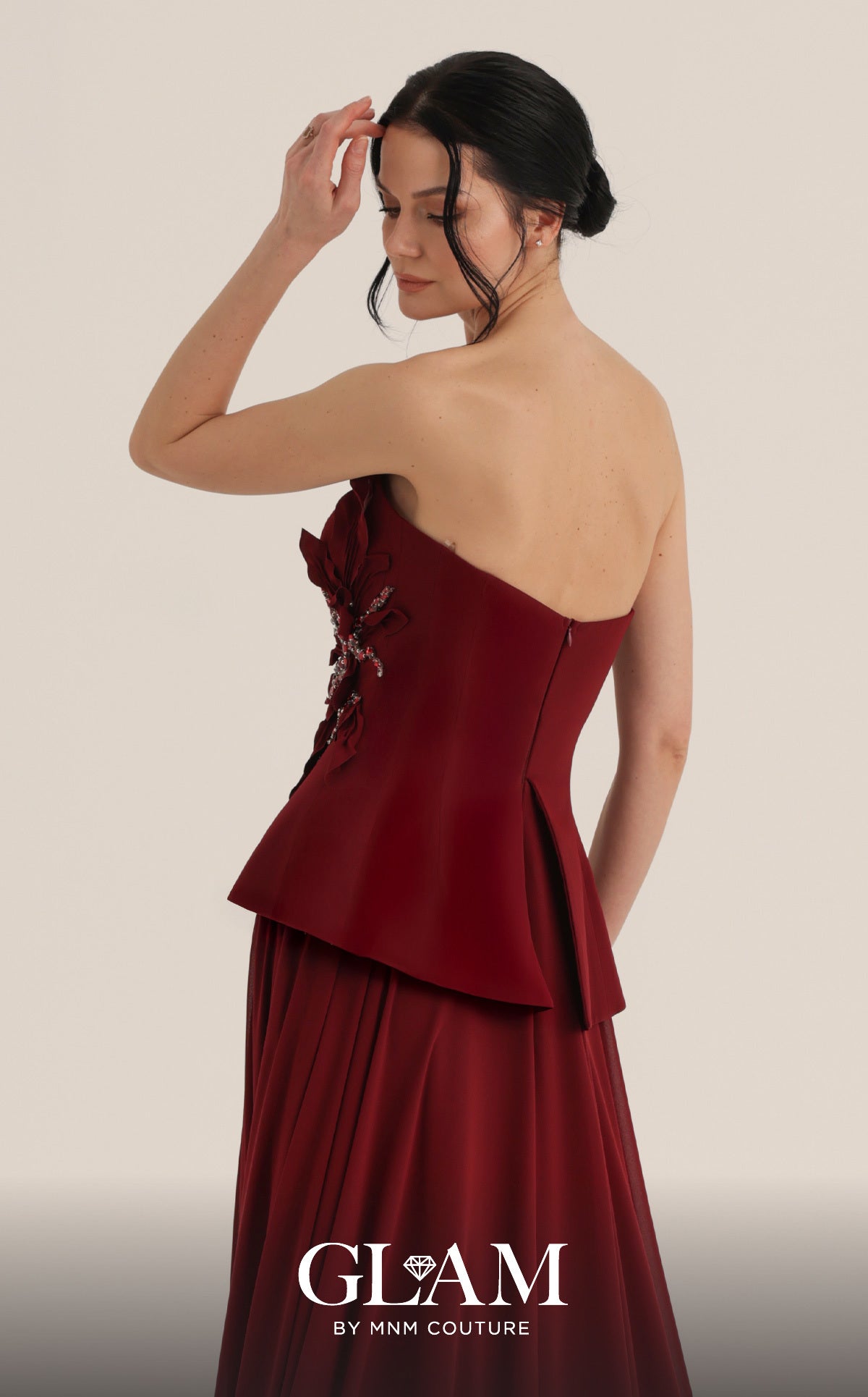 MNM Couture O07815 Red Strapless Beaded Peplum Gown