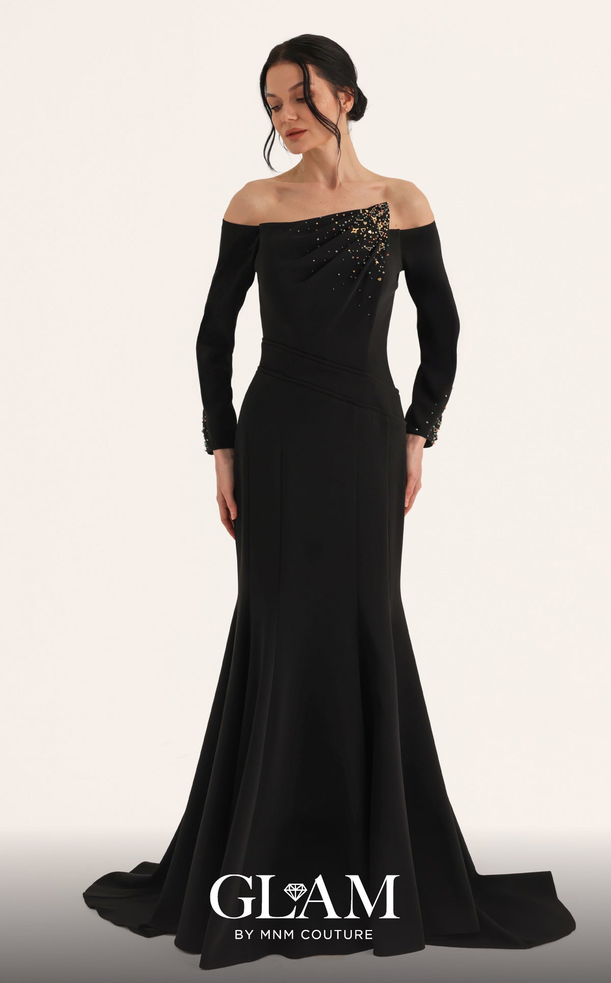 MNM Couture O07822 Off-the-Shoulder Long Sleeve Trumpet Gown