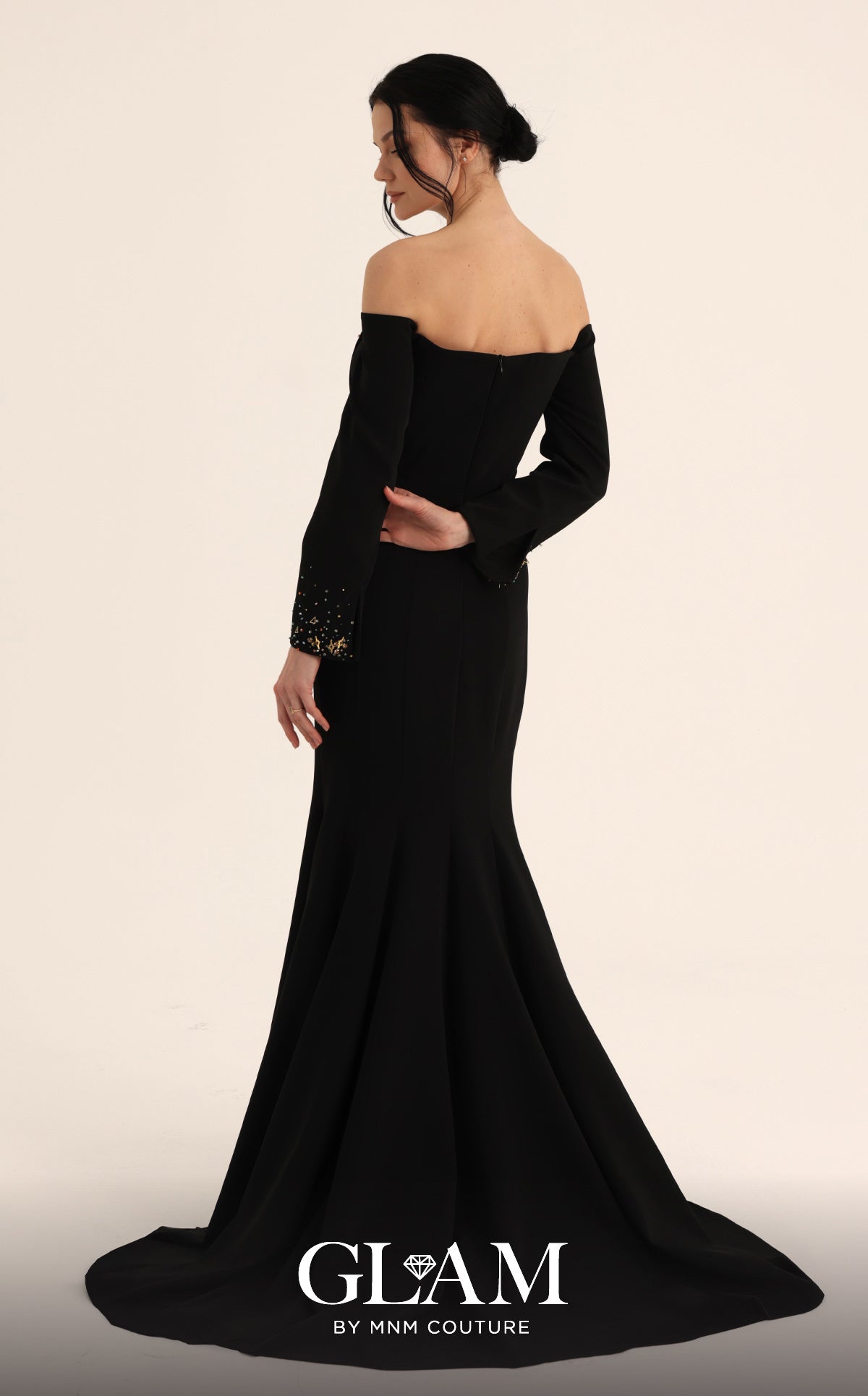 MNM Couture O07822 Off-the-Shoulder Long Sleeve Trumpet Gown