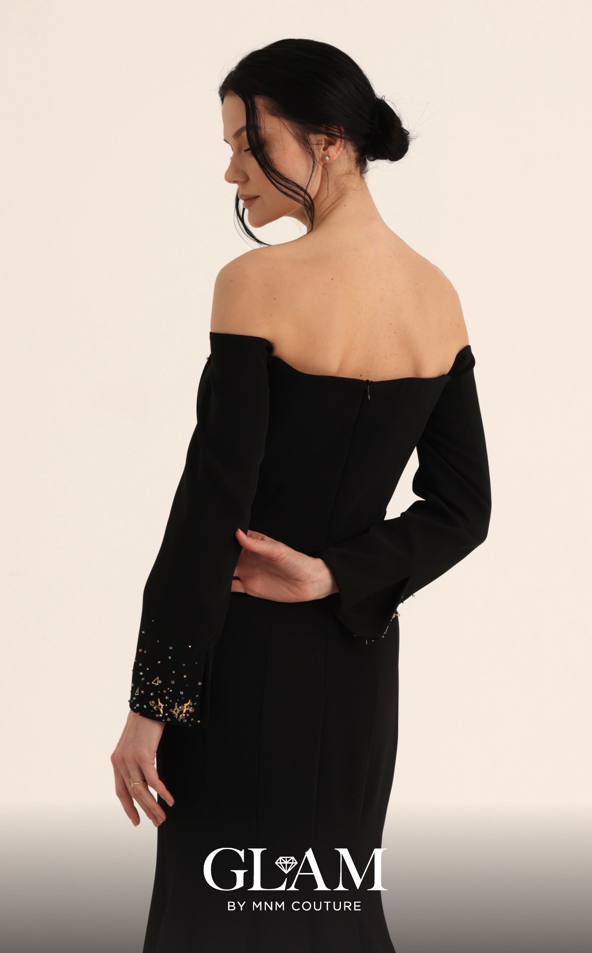 MNM Couture O07822 Off-the-Shoulder Long Sleeve Trumpet Gown