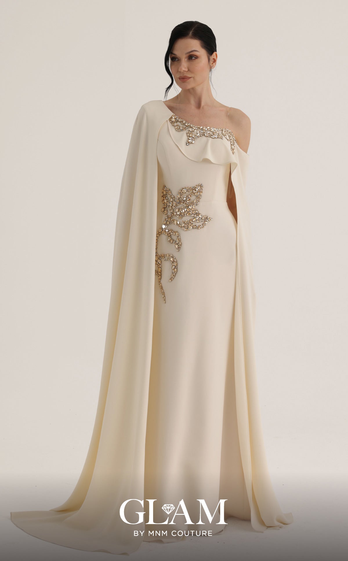 MNM Couture O07824 Beige Embellished One-Shoulder Cape Gown