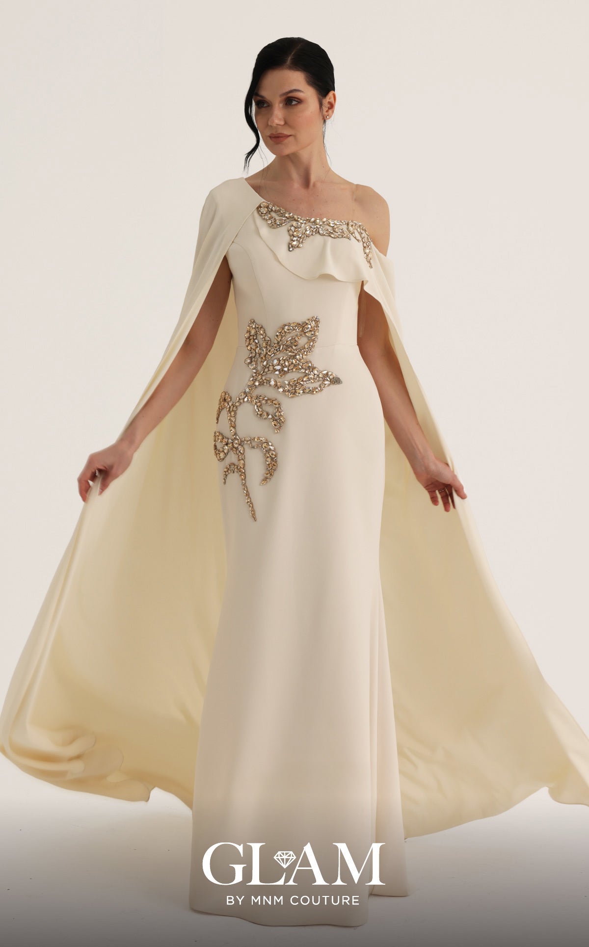 MNM Couture O07824 Beige Embellished One-Shoulder Cape Gown